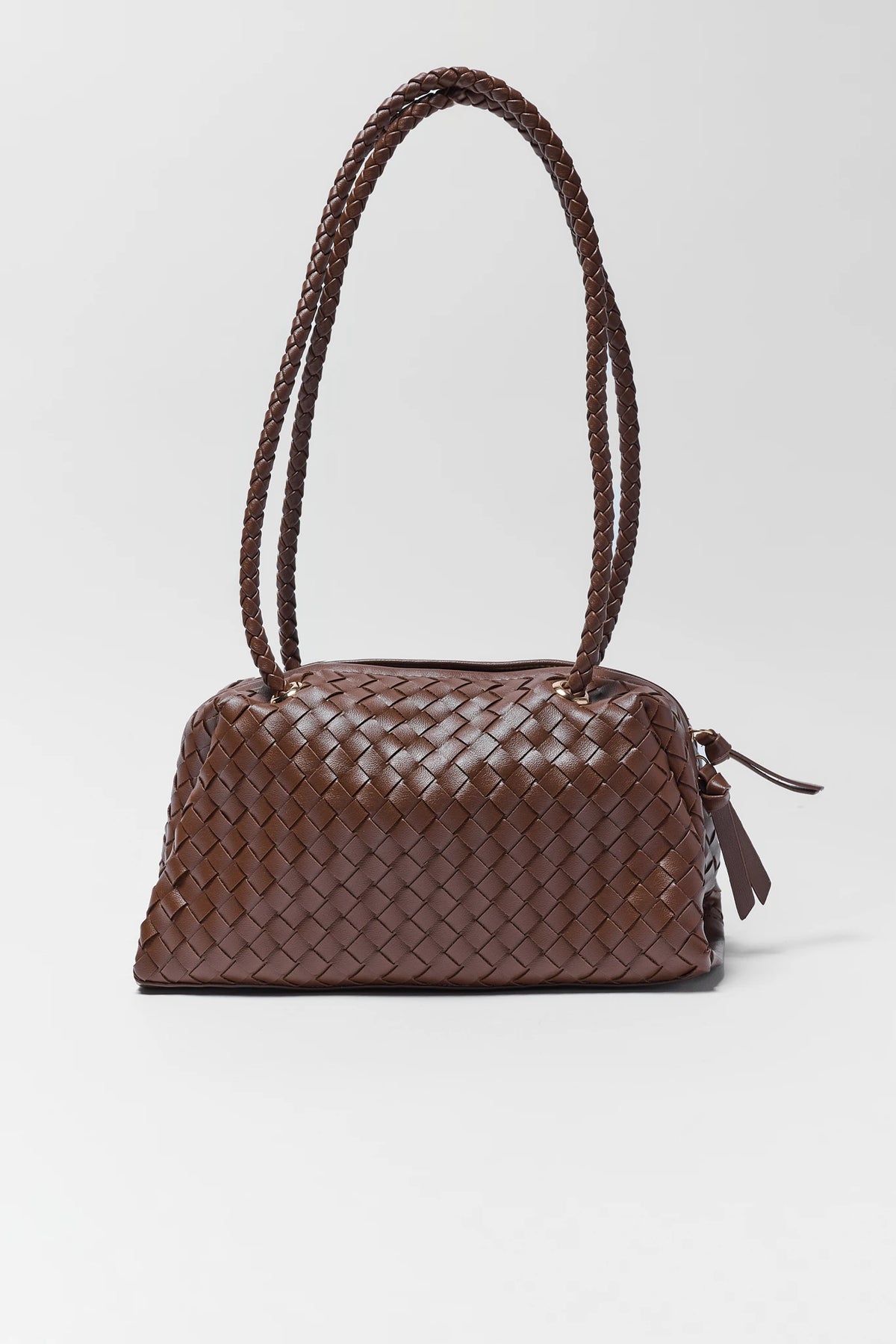 Brown Woven Shoulder Bag with braided straps and zip closure, front view - Studio | Avara