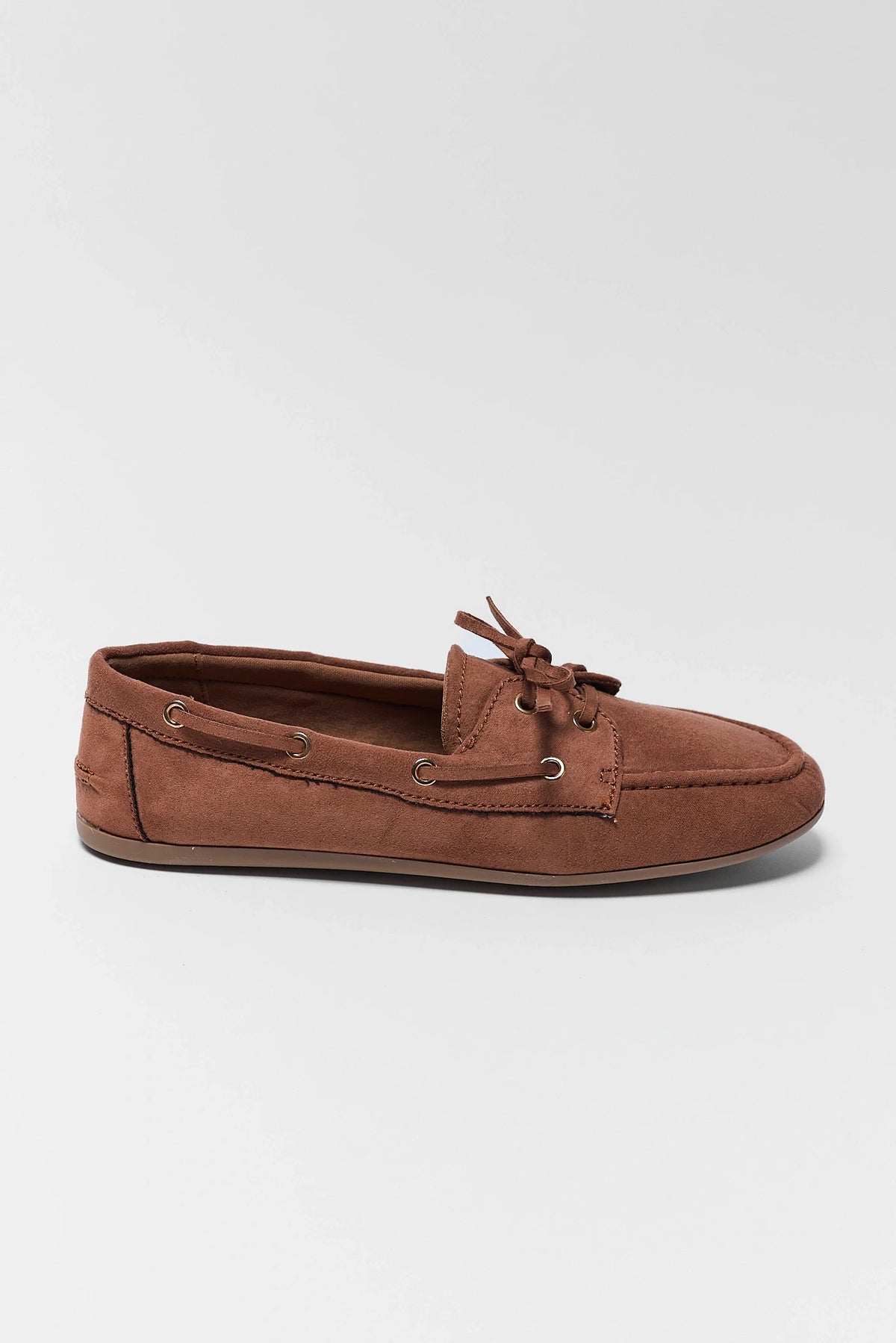 Camel Faux Suede Boat Shoe - Side Profile View | Avara