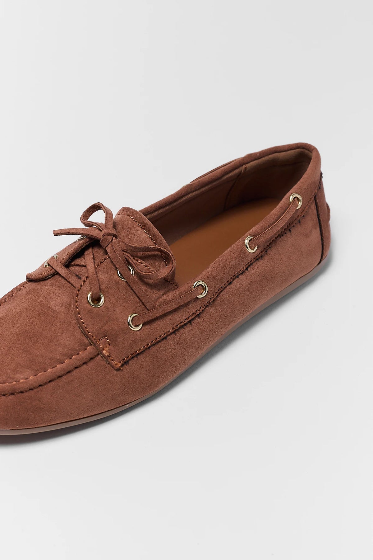 Camel Faux Suede Boat Shoe - Close-Up Lace Tie and Toe Detail | Avara