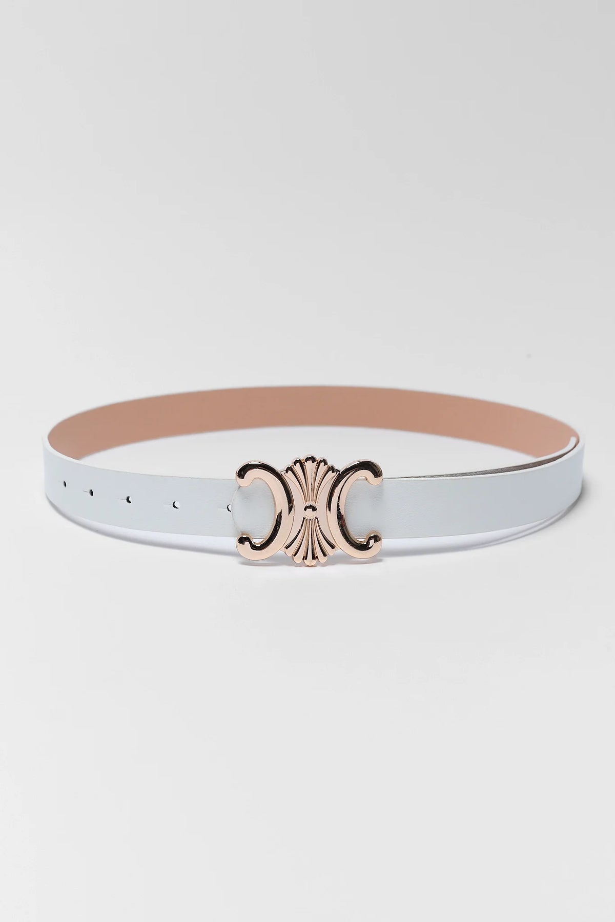 Candace White Buckle Belt flat lay showing gold-tone buckle detail - white belt for women | Avara