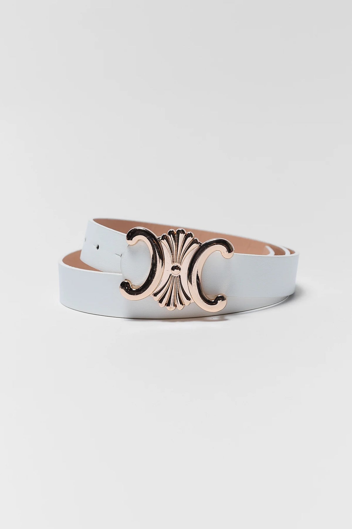 Candace White Buckle Belt with ornate gold-tone buckle, coiled - white women's belt | Avara