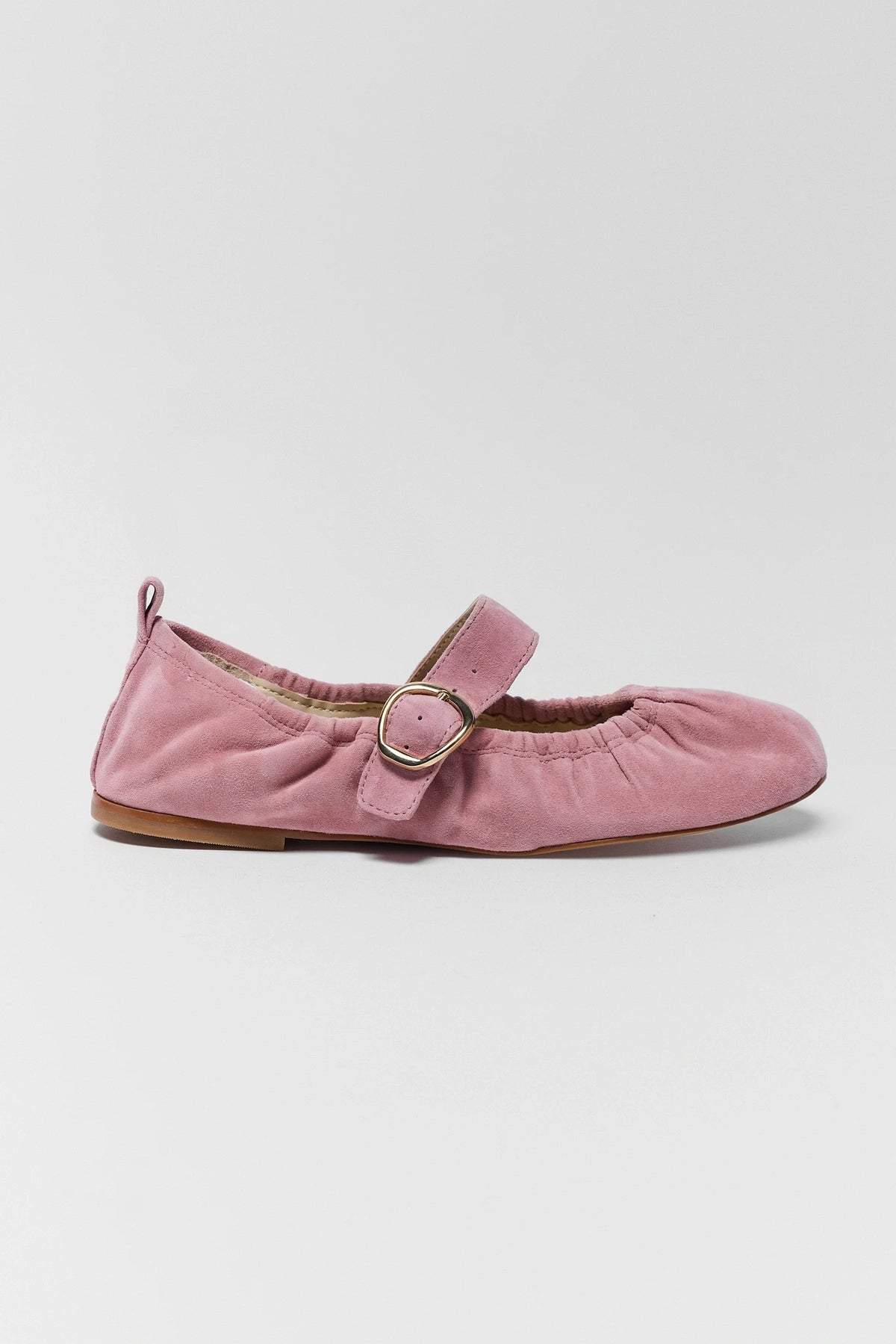 Pink suede Mary Jane ballet flat with gold buckle closure - Side Profile | Avara