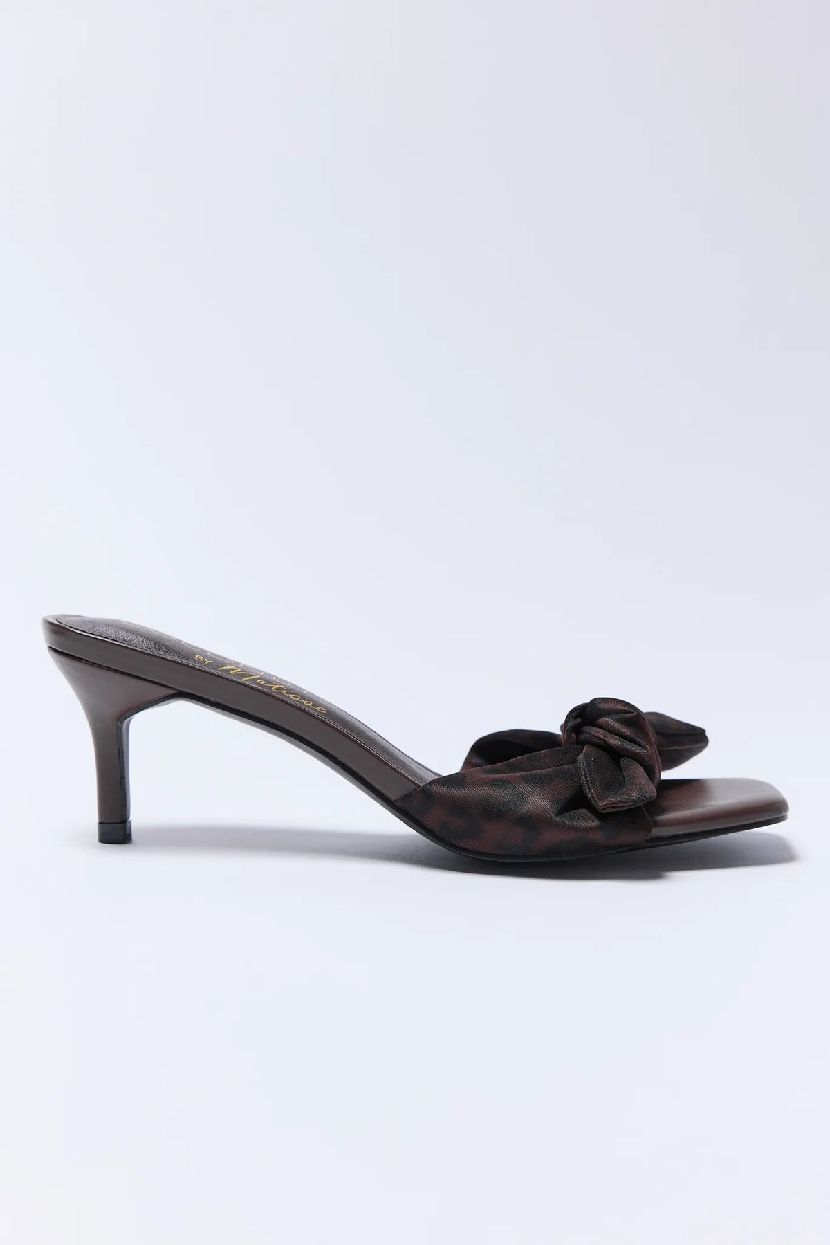 Carrie Heels by Matisse - Brown leopard print knotted strap slip-on kitten heel mule, side profile view | Avara