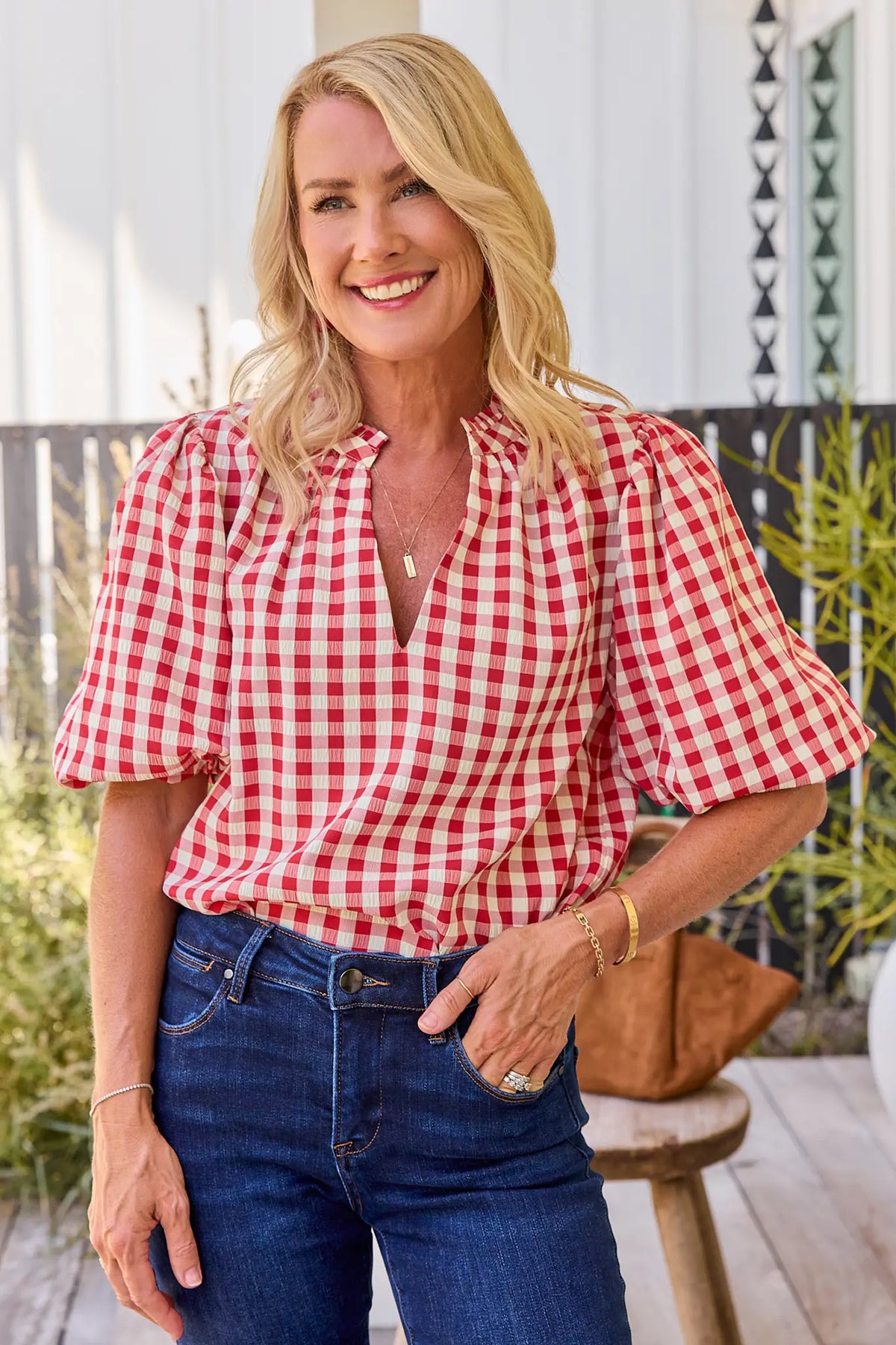 Red Gingham Printed Top - On Model Lifestyle Front View, Styled with Dark Jeans | Avara