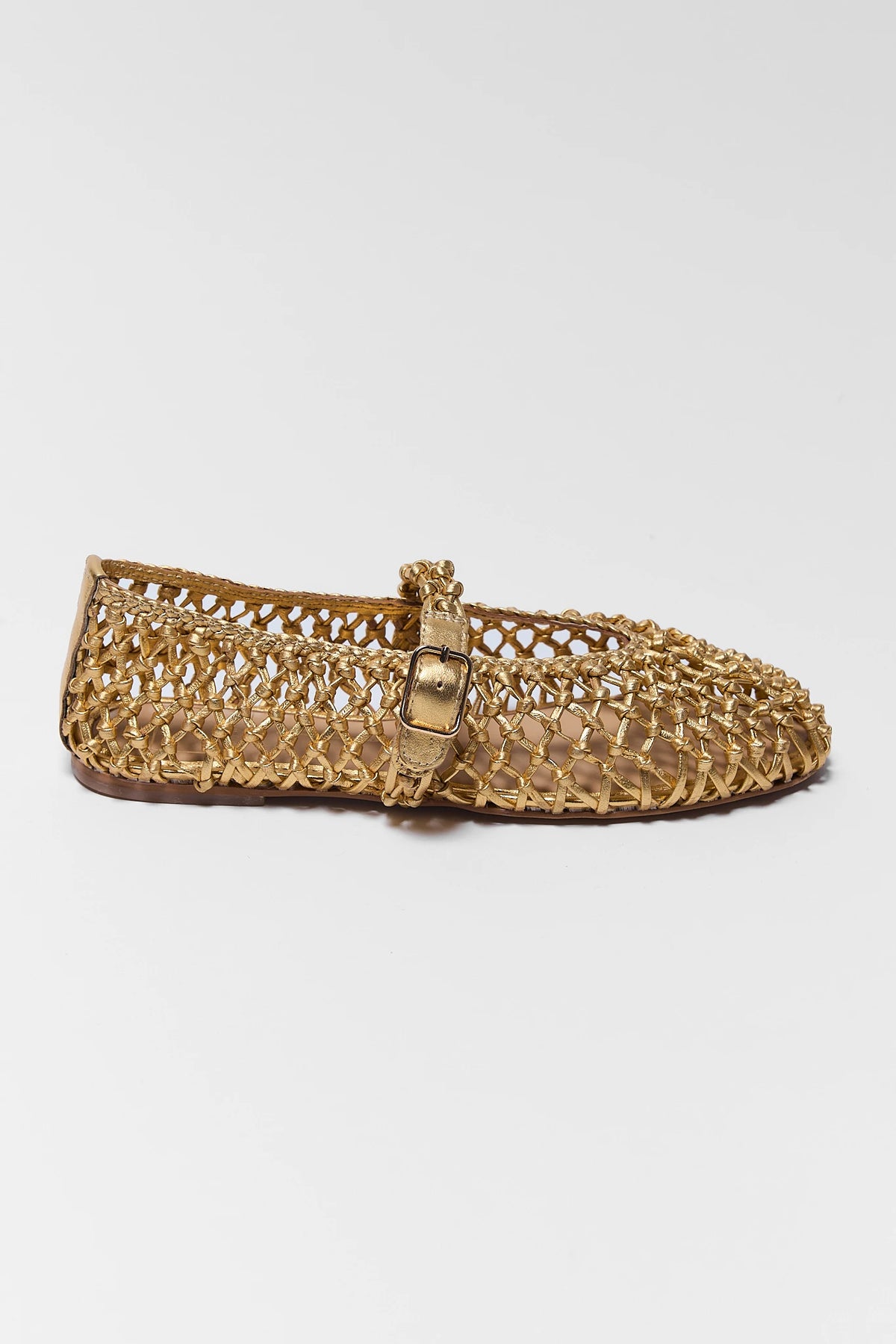 Gold woven leather flat with adjustable buckle strap - Side Profile | Avara