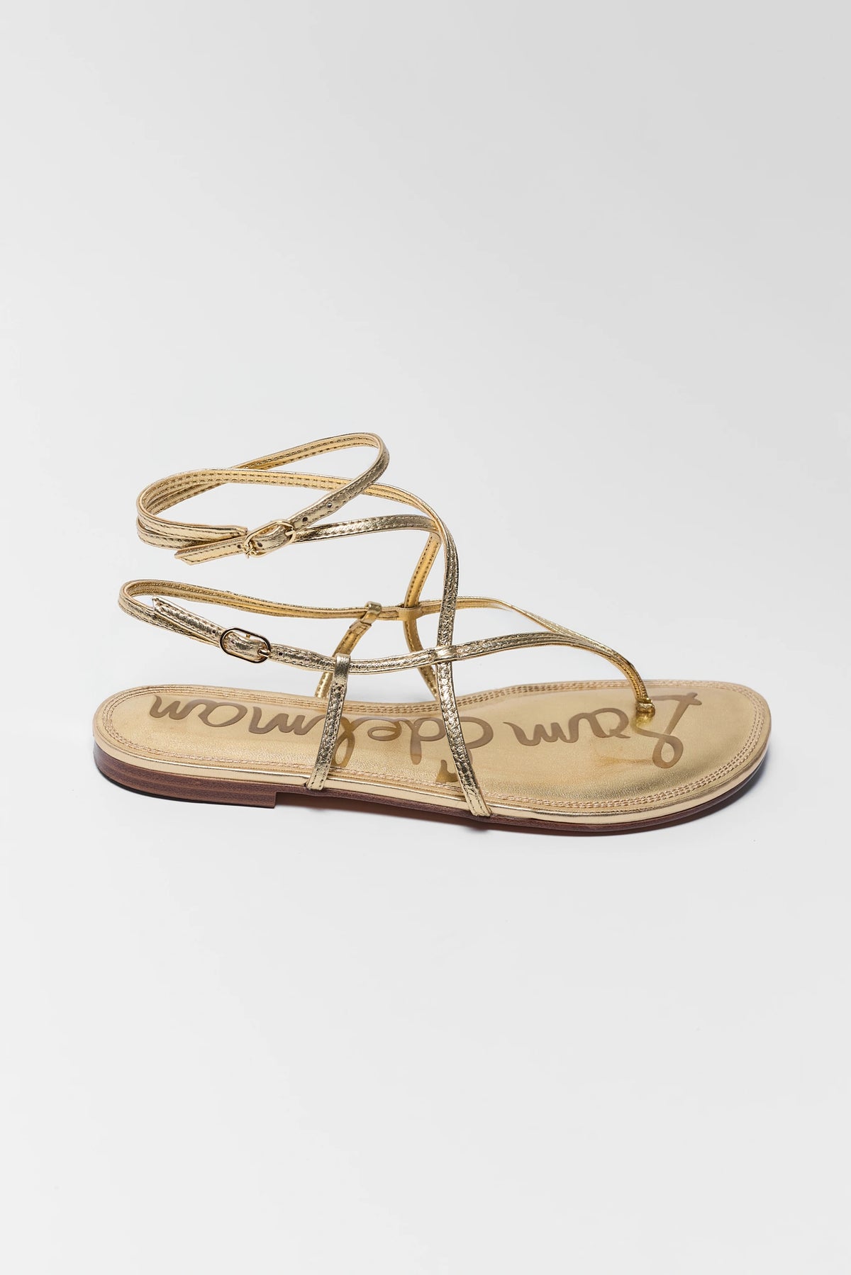Sam Edelman Clarra Gold Strappy Sandal - Side Profile View with Ankle Wrap Strap | Avara