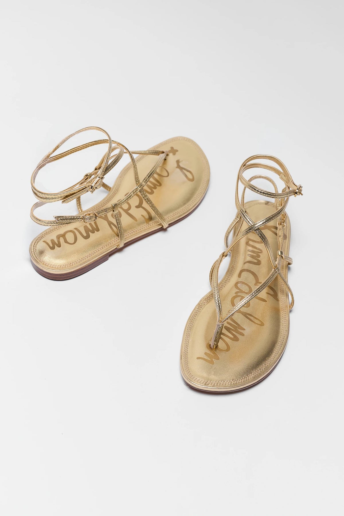 Sam Edelman Clarra Gold Strappy Sandals - Pair Top-Down View with Footbed Detail | Avara