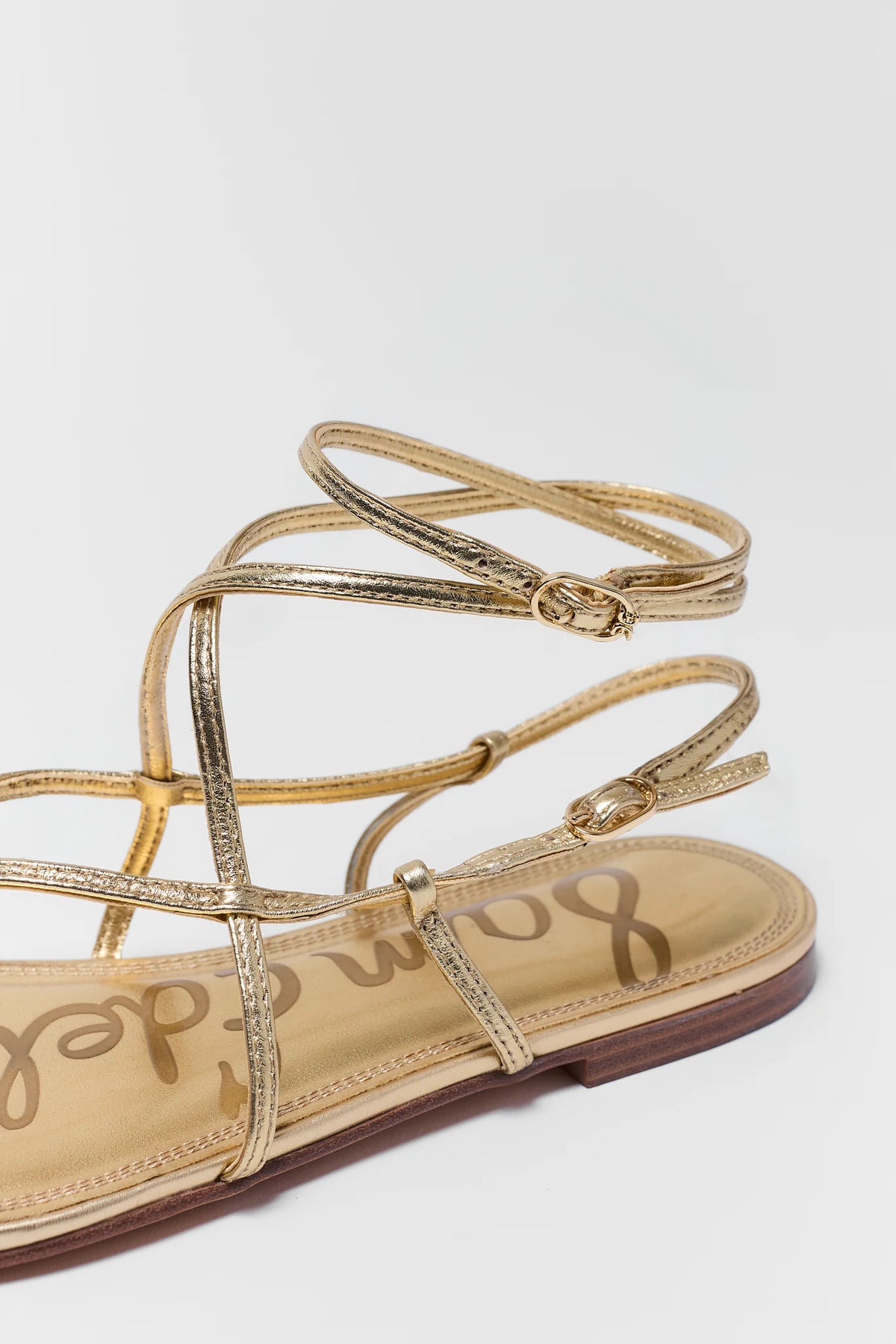 Sam Edelman Clarra Gold Strappy Sandal - Close-Up Buckle and Strap Detail | Avara
