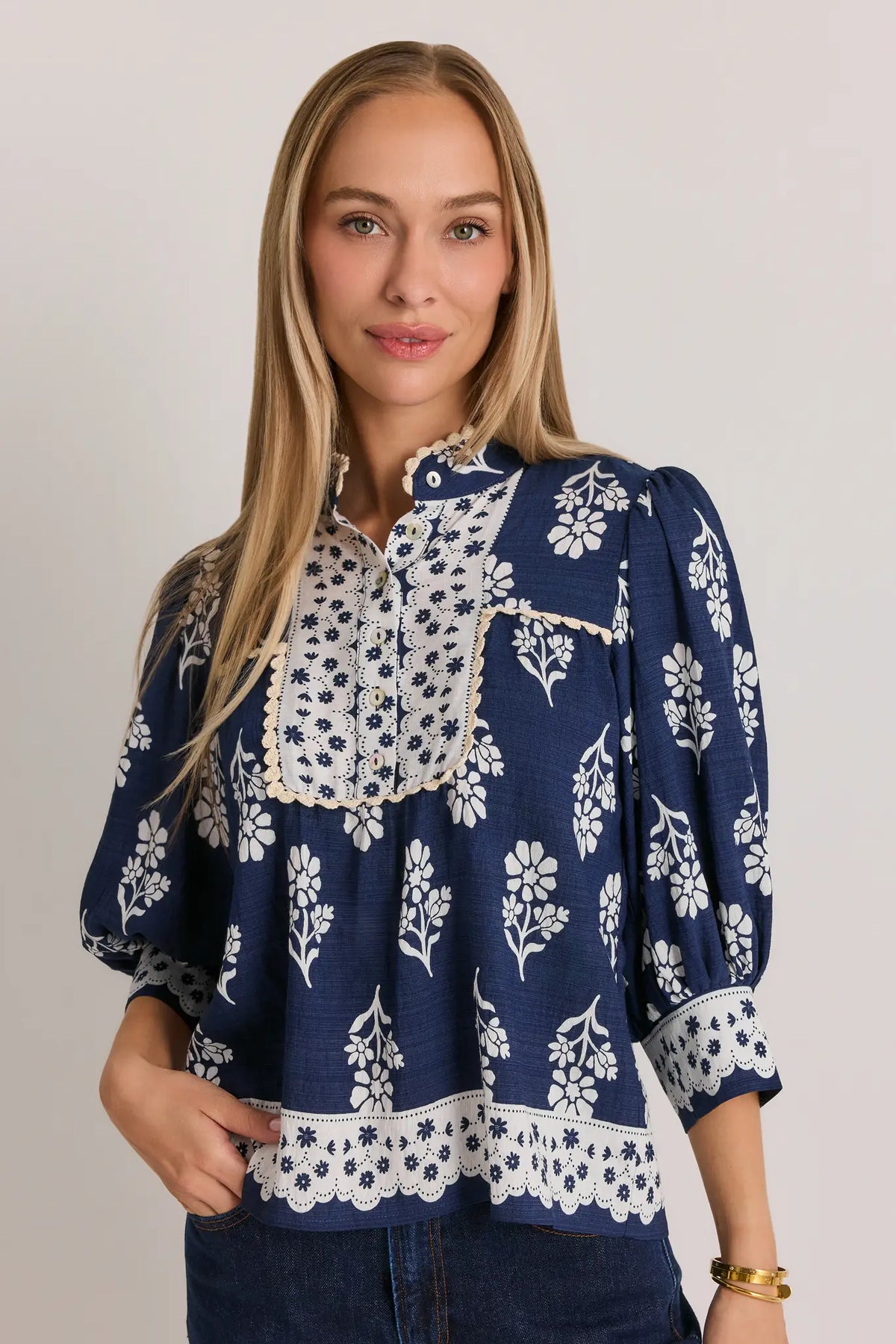Navy Floral Printed Top with Eyelet Hem - Front View On Model | Avara
