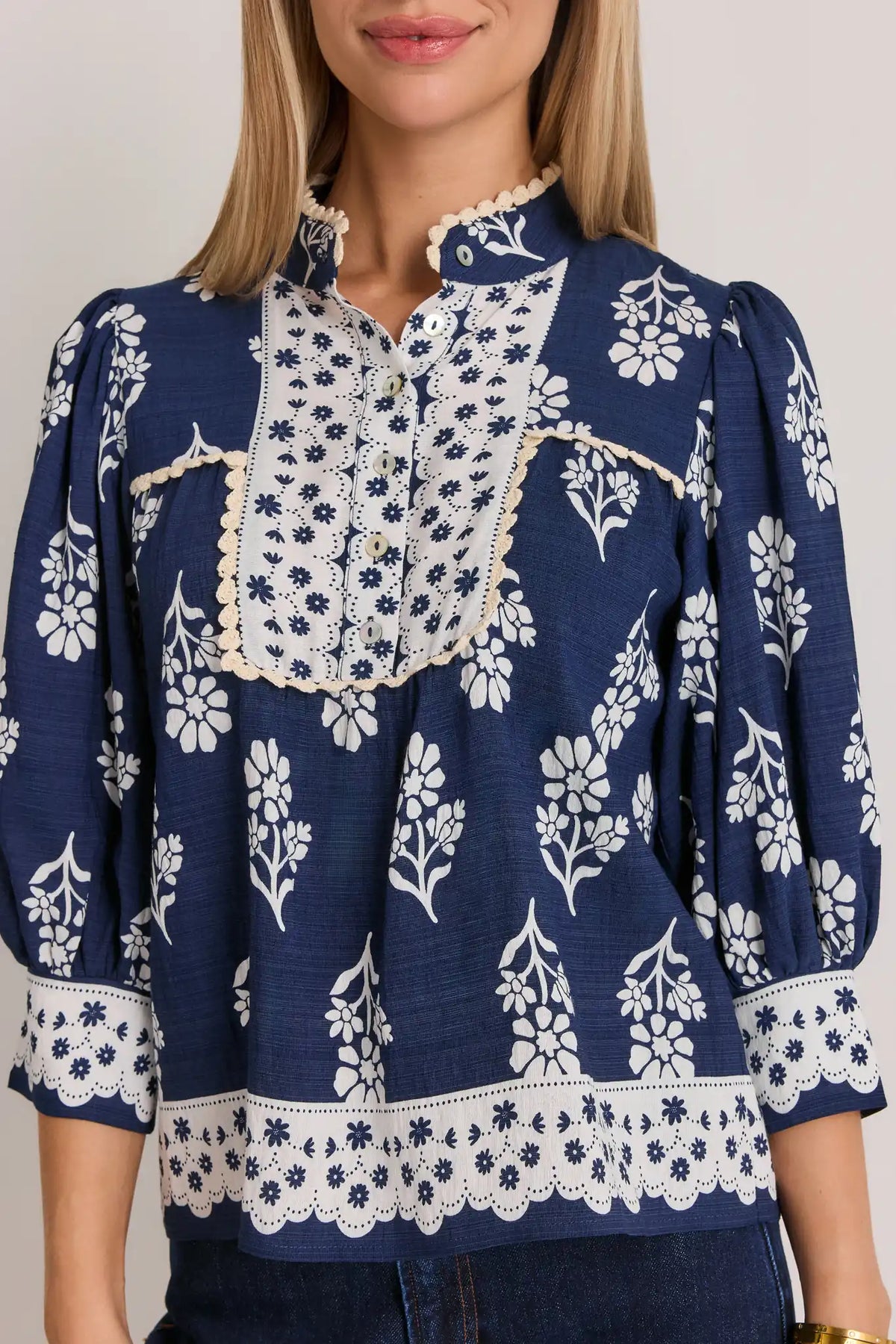 Navy Floral THML Top - Contrast Bib & Scallop Lace Trim Detail | Avara