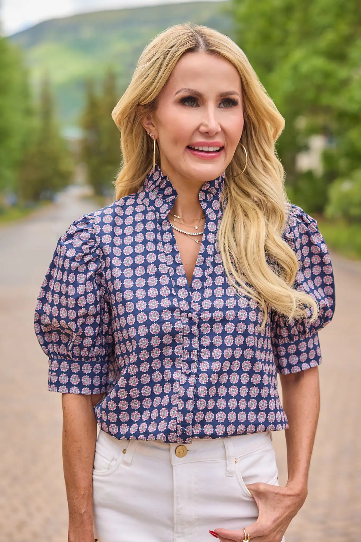 Daphne Navy Printed Puff-Sleeve Button-Up Top styled with white jeans - Outdoor Lifestyle | Avara