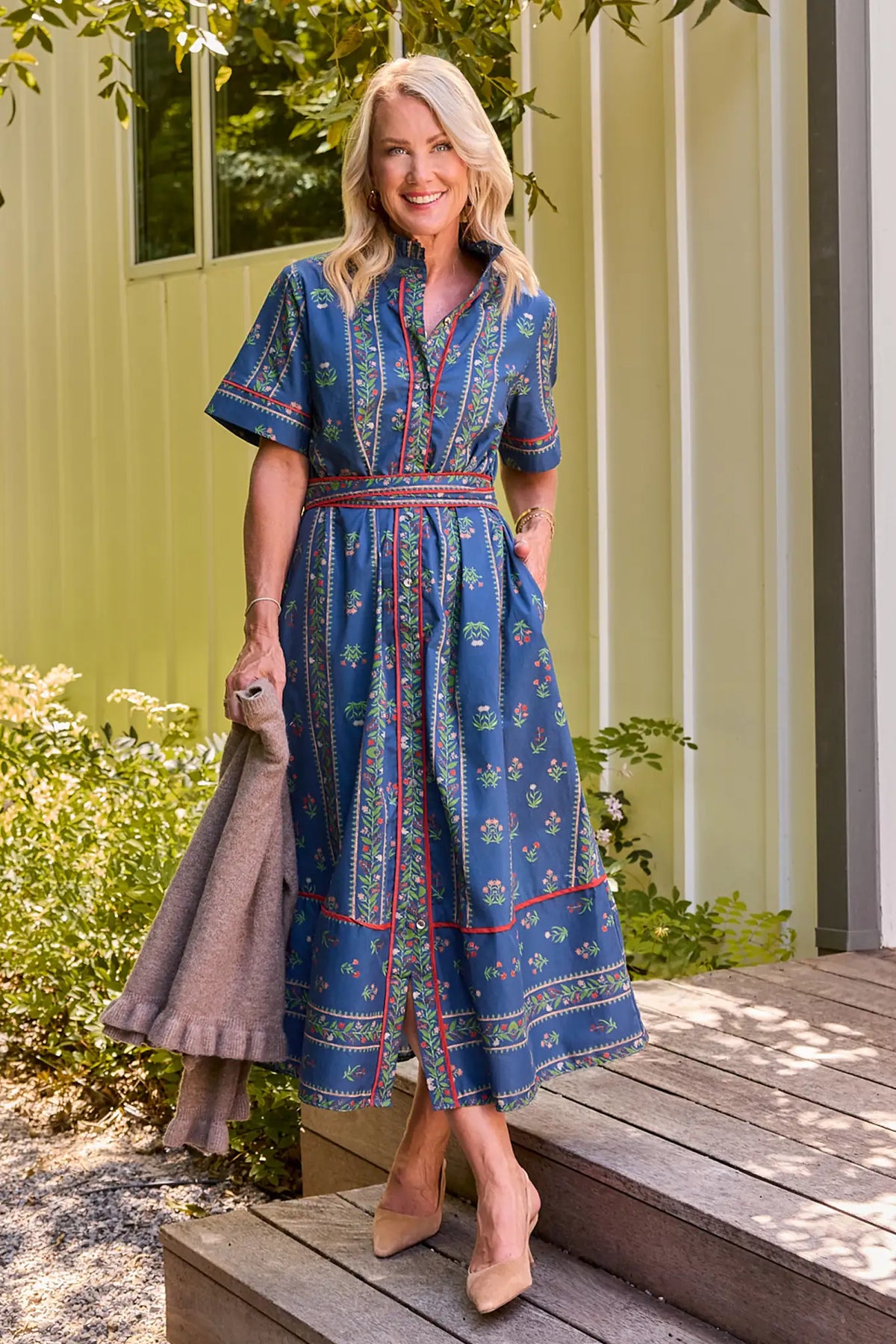 Navy Floral Printed Midi Dress - Lifestyle Front View On Model | Avara