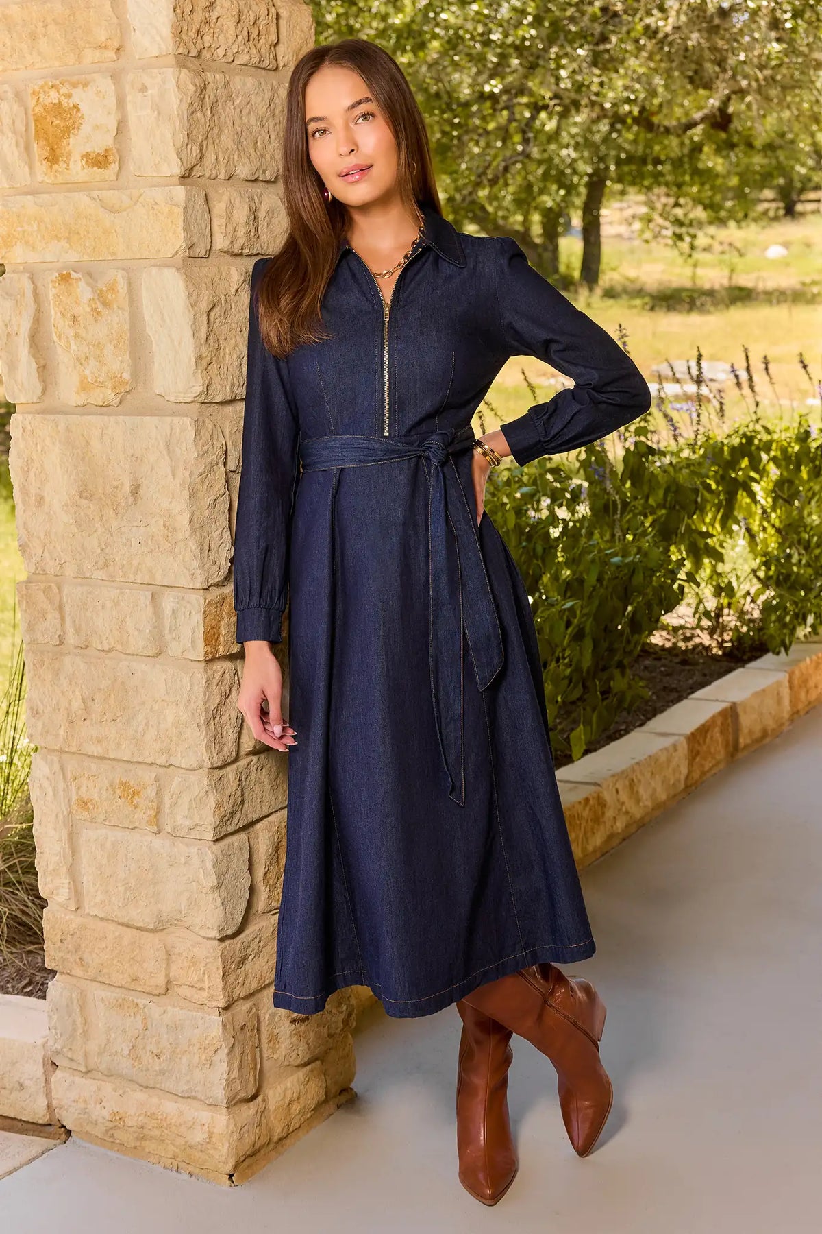 Dark Denim Zip-Up Collared Midi Dress with Brown Ankle Boots - Front View On Model | Avara