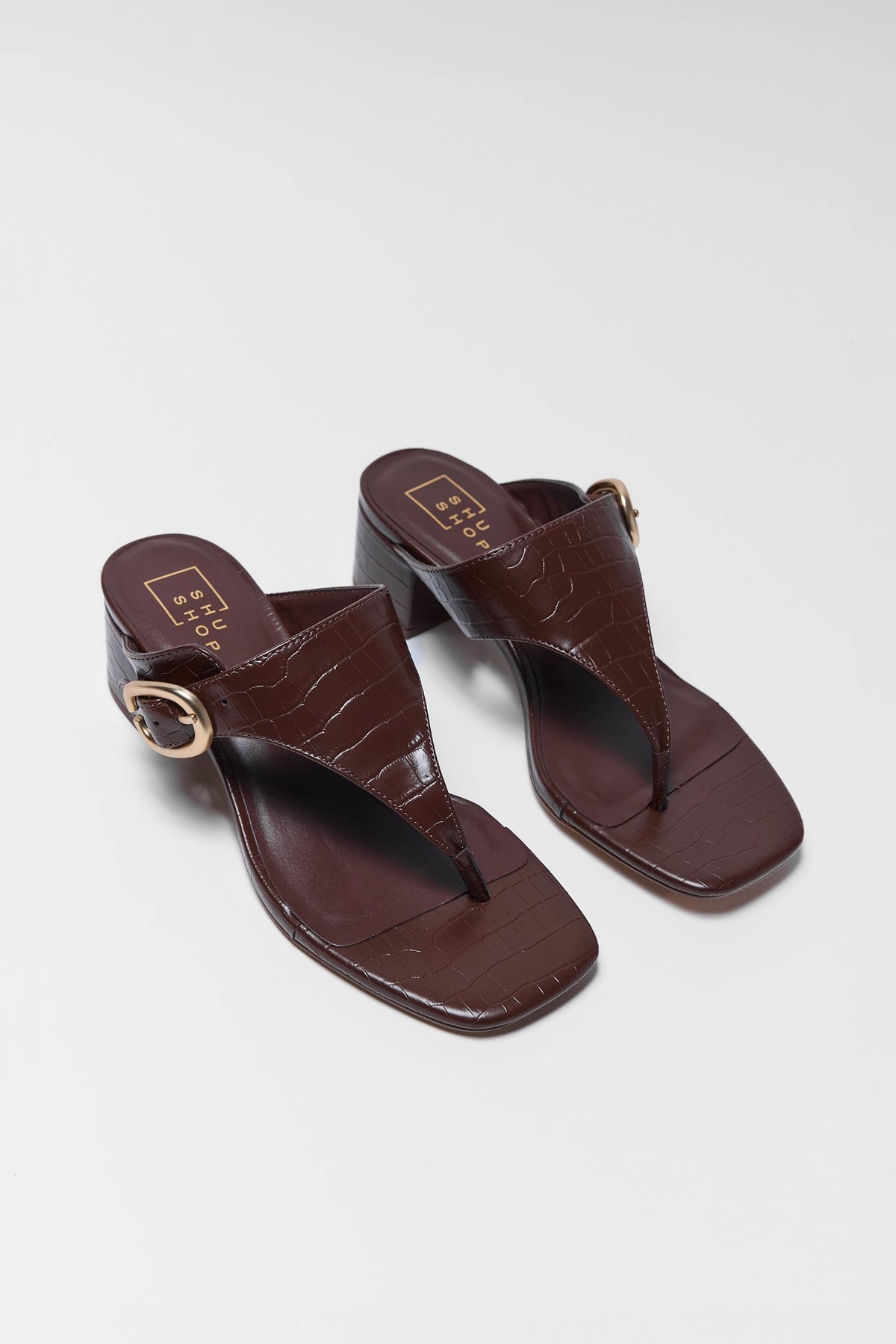 Elodie Brown Block Heel Sandals - Pair Angled View, Faux Croc Leather with Gold Buckle | Avara