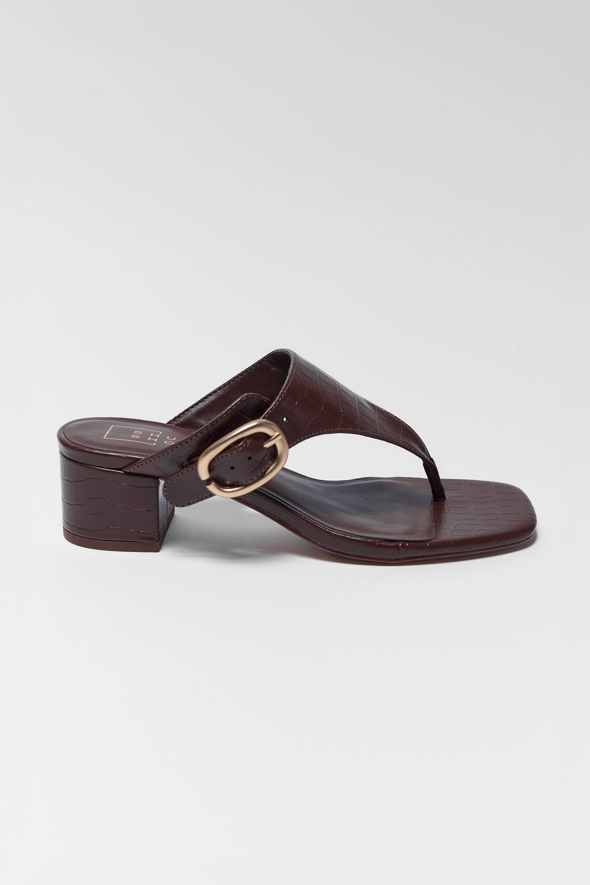 Elodie Brown Block Heel Sandal - Side Profile, Thong Strap with Gold Ankle Buckle | Avara