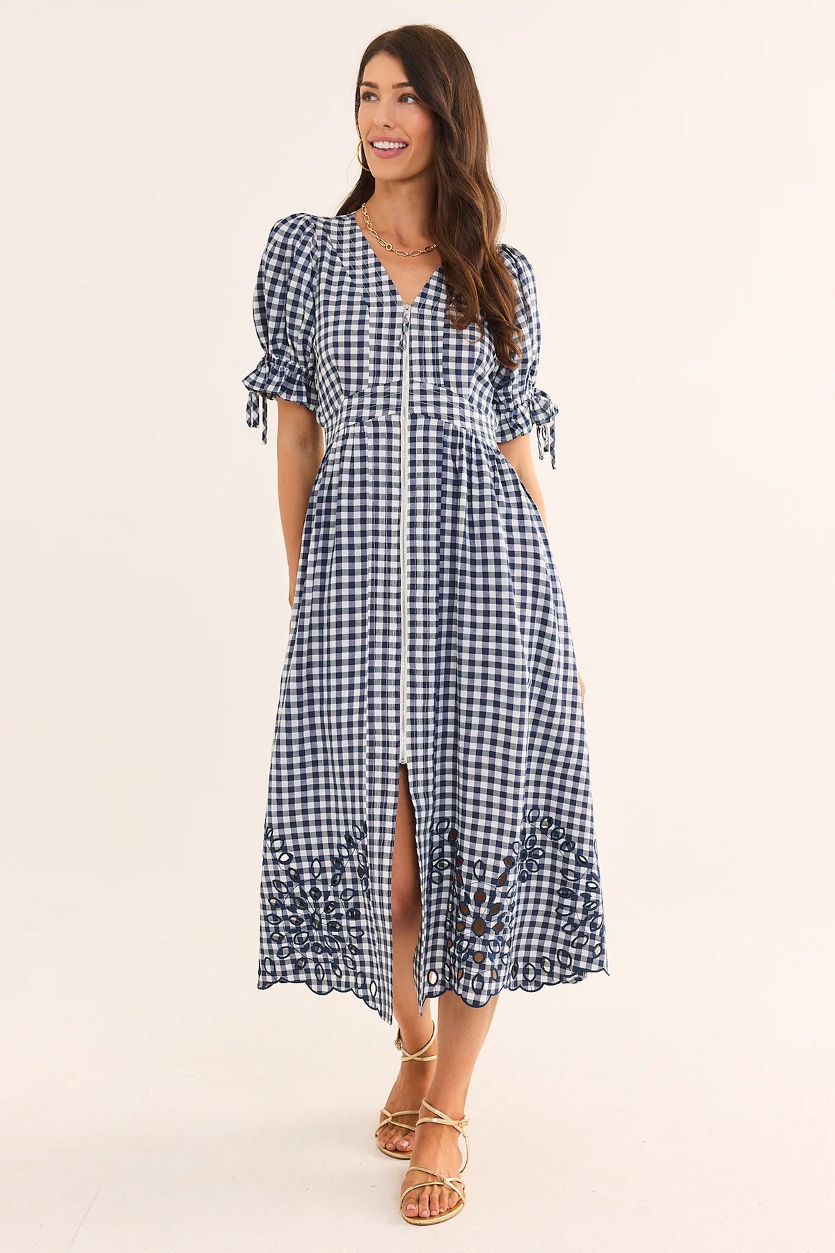 Emersyn Navy Gingham Midi Dress with puff sleeves and eyelet hem - Full Front View | Avara