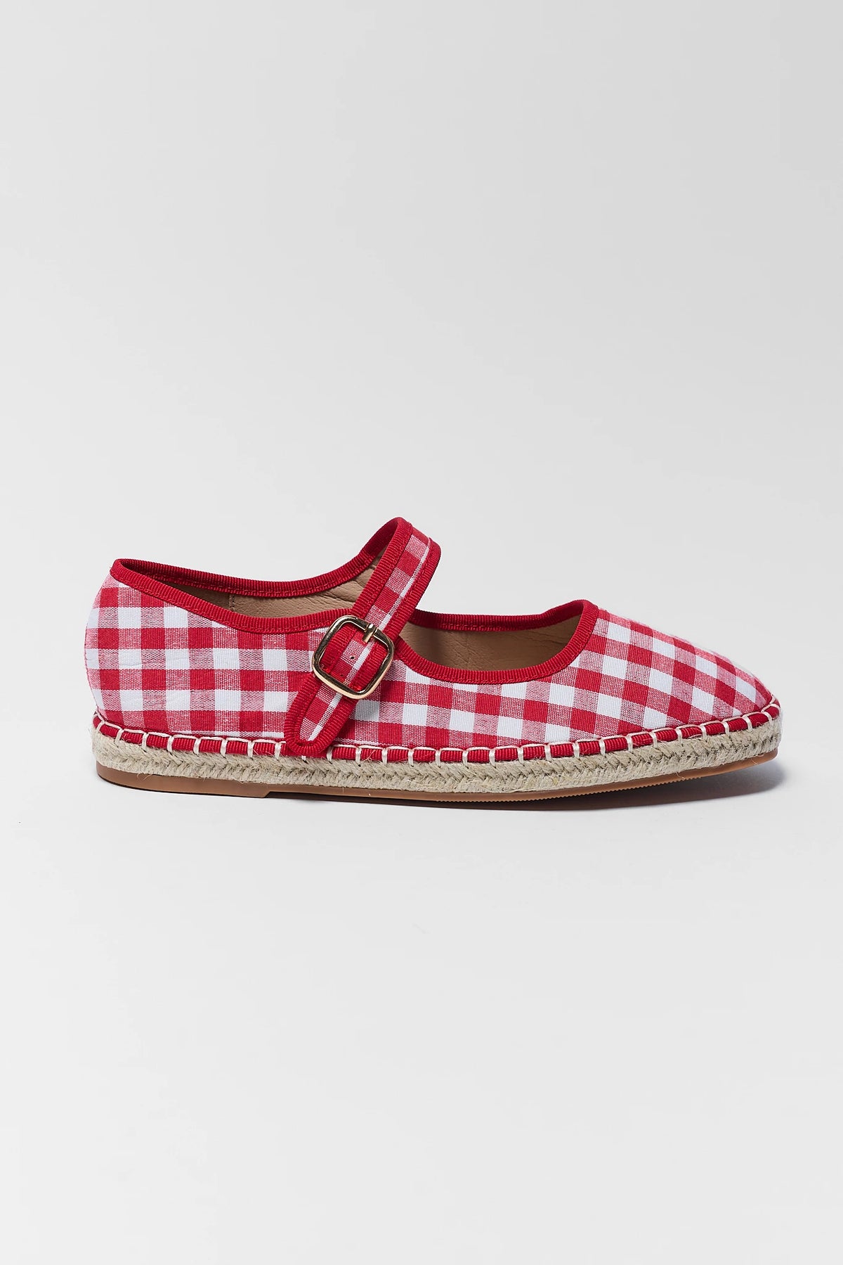 Fallon Red Gingham Espadrille Flat - Side Profile, Mary Jane Buckle Strap | Avara