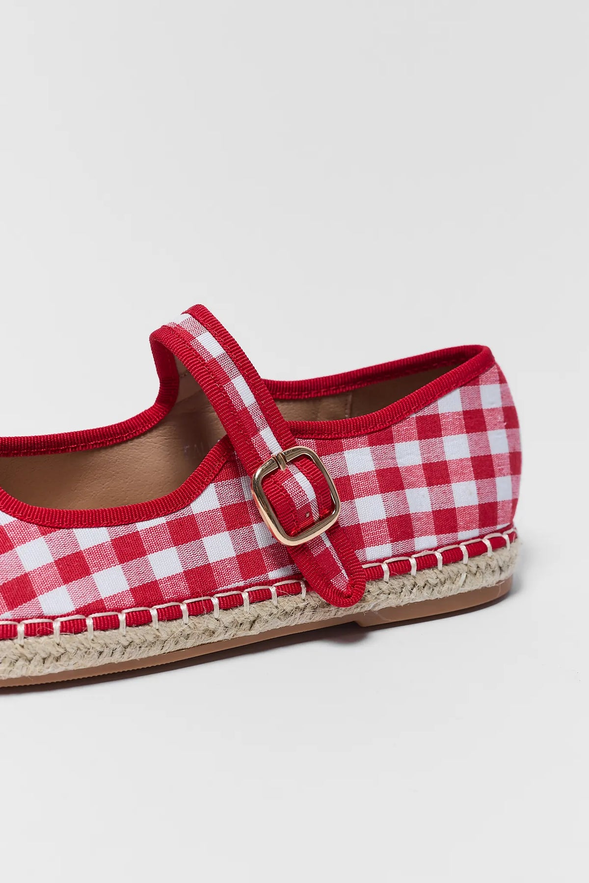 Fallon Red Gingham Espadrille Flats - Close-Up Gold Buckle & Woven Jute Detail | Avara