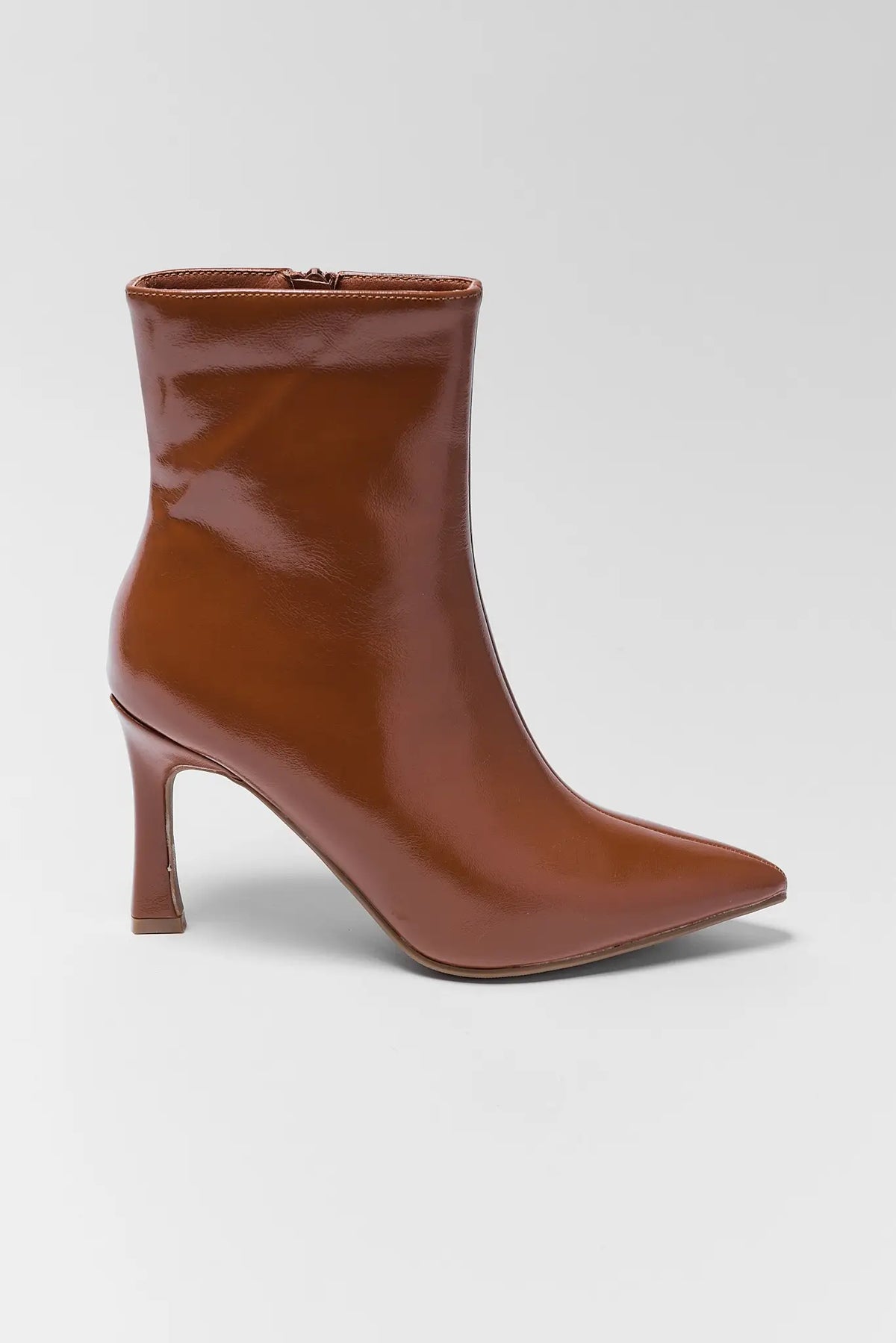 Brown Faux Patent Leather Pointed Toe Ankle Boot - Side View | Avara