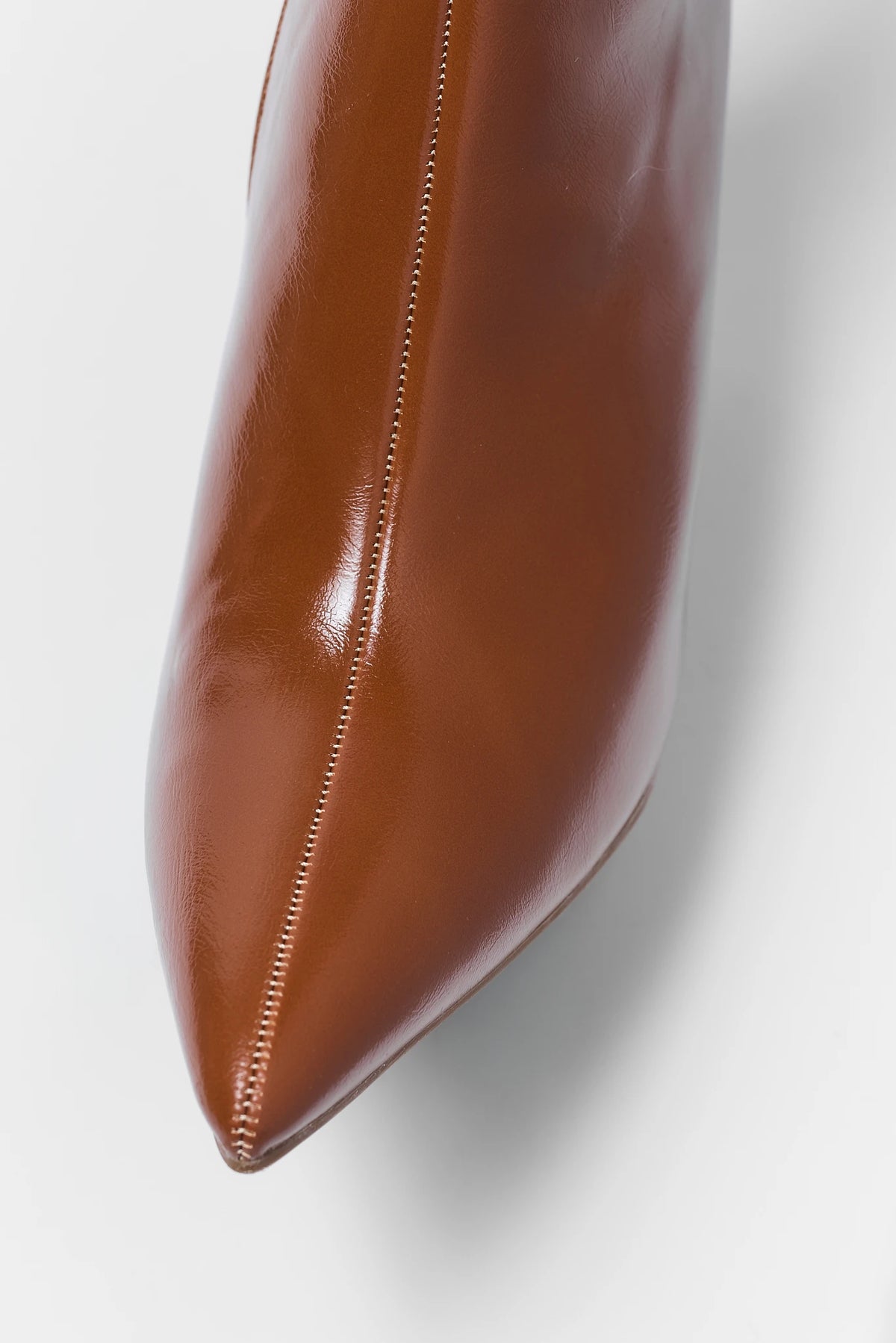Brown Faux Patent Leather Pointed Toe Ankle Boot - Toe Detail Close-Up | Avara