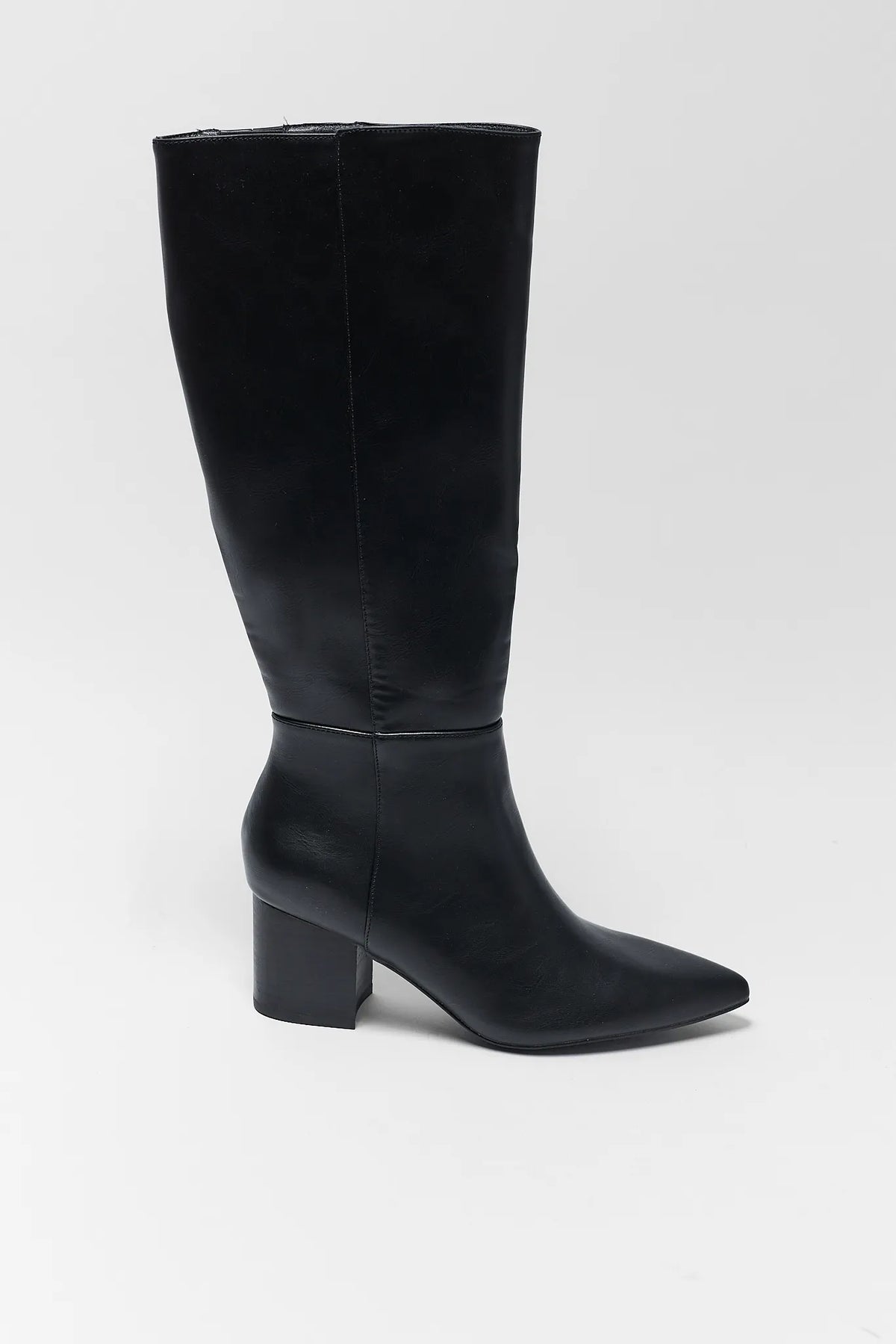Black Faux Leather Mid-Calf Boot with Block Heel - Side View | Avara