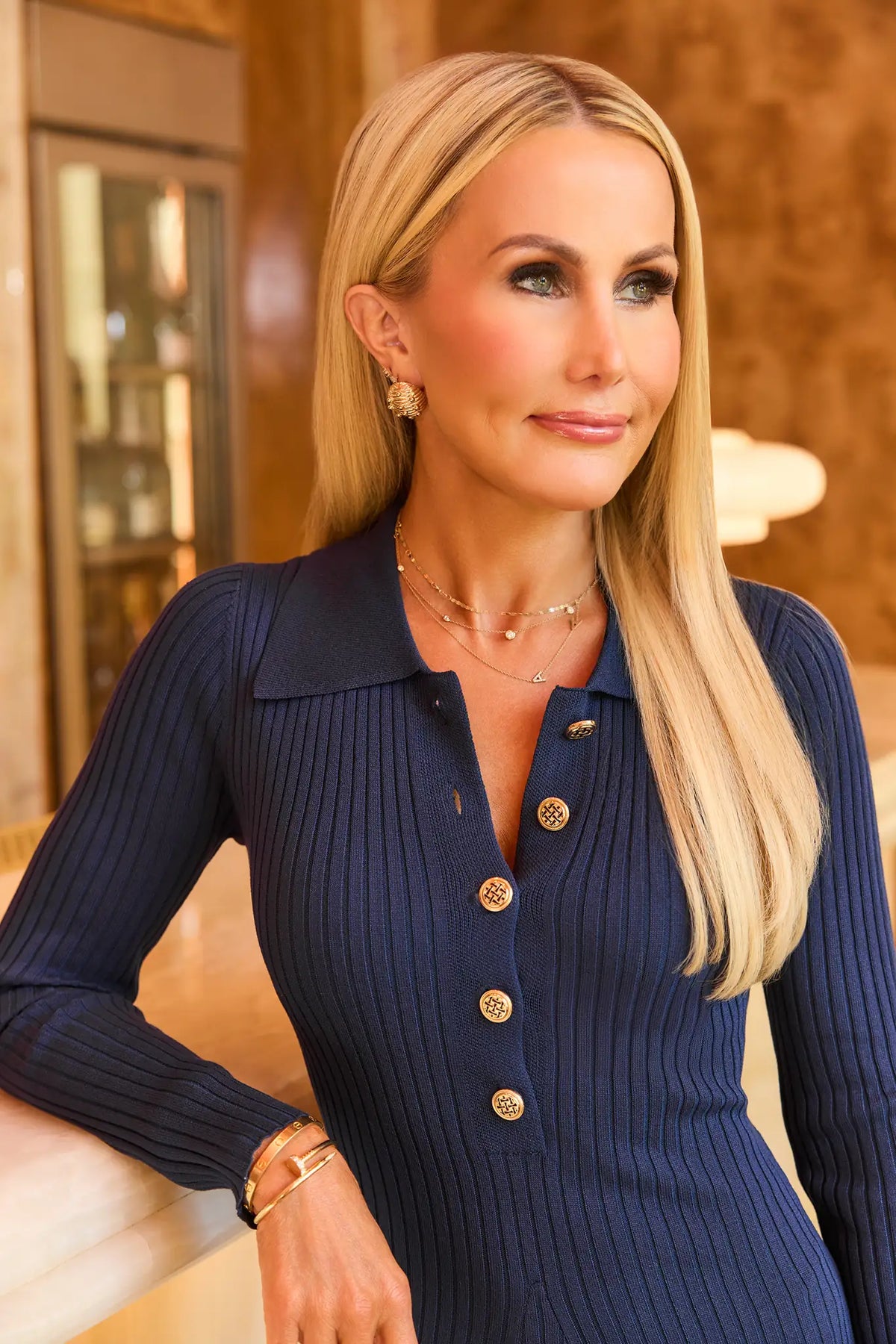 Navy Ribbed Sweater Dress - Gold Button & Collar Close-Up Detail | Avara