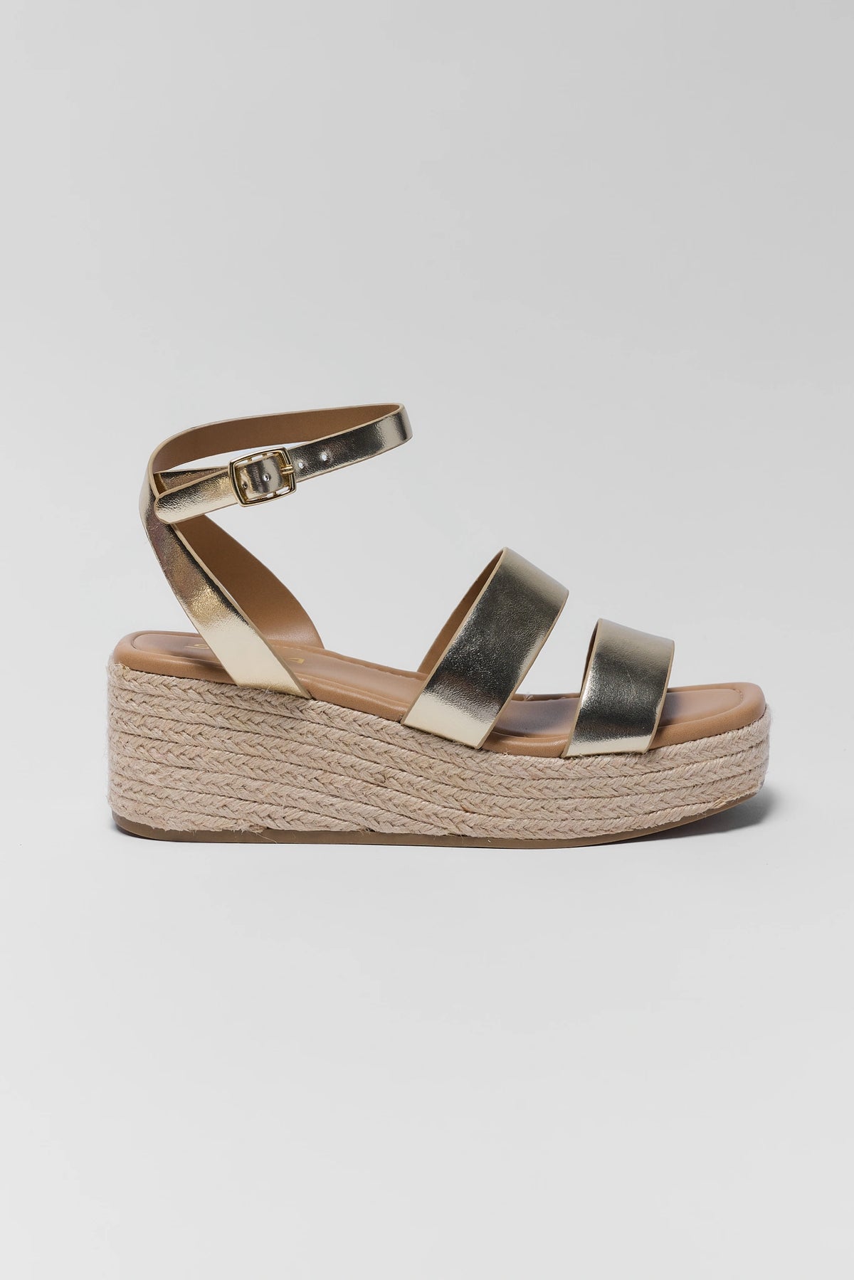 Gold strap braided wedge sandal with espadrille platform - Side Profile | Avara