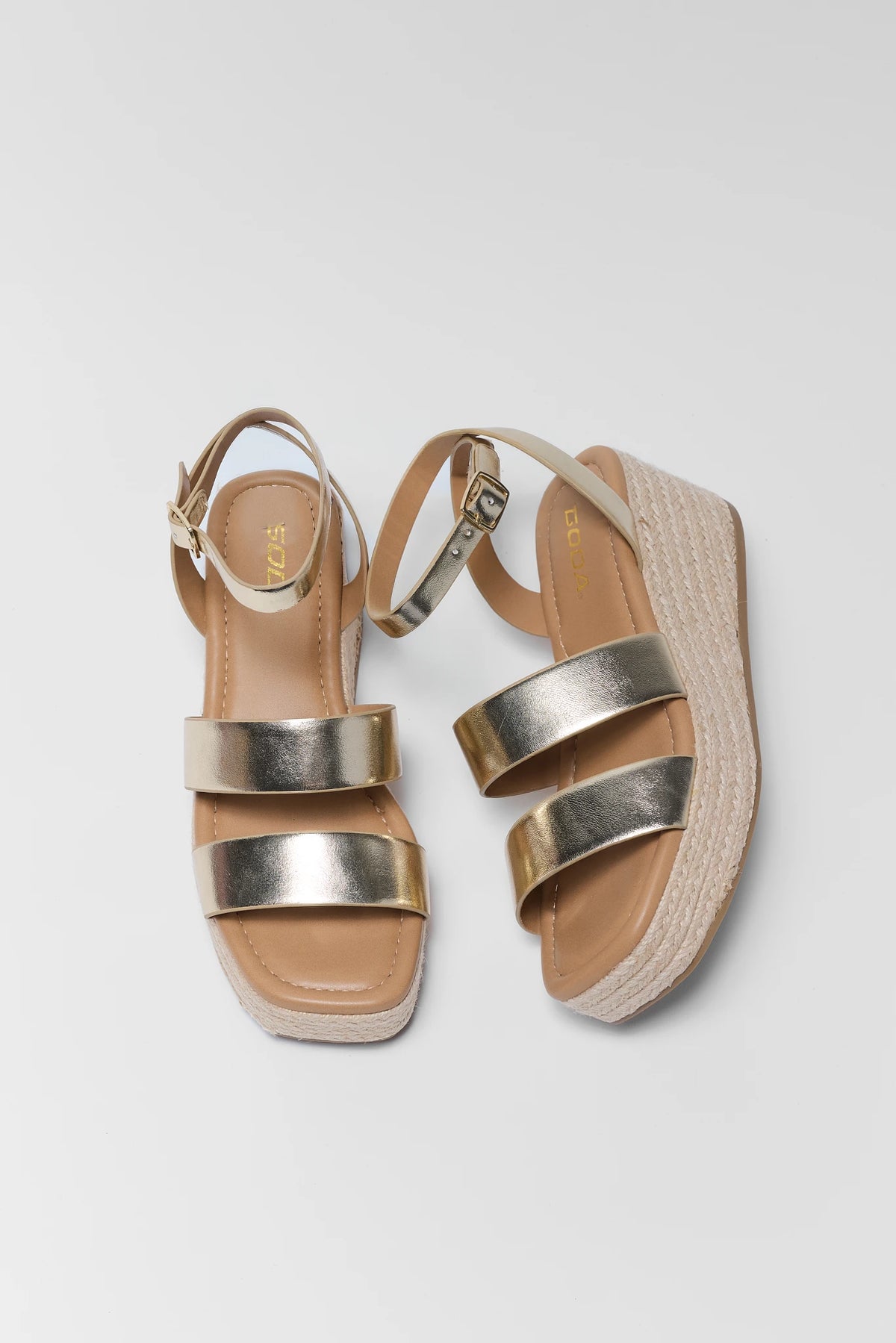 Gold metallic multi-strap braided wedge sandals - Top View | Avara