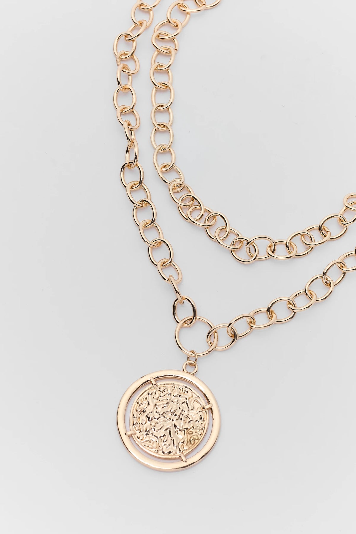 Gold Chain Coin Charm Necklace - Close-Up Pendant and Chain-Link Detail | Avara
