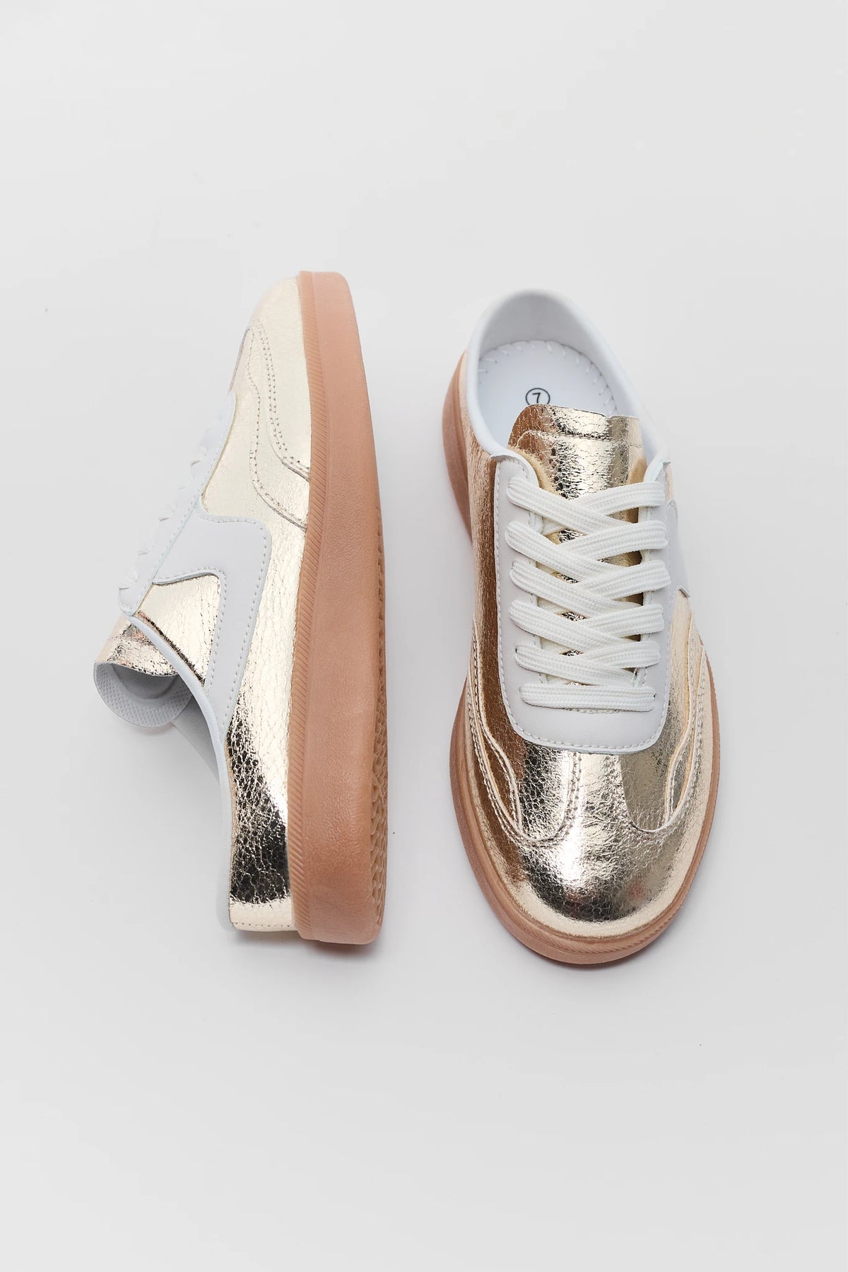 Gold Metallic Slip-On Sneakers - Top & Side Flat Lay, Gum Sole | Avara