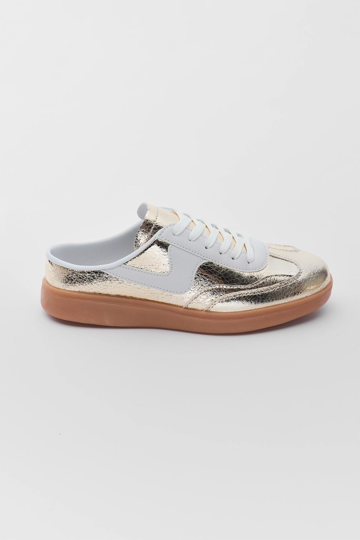 Gold Metallic Slip-On Sneakers - Side Profile, White Laces & Gum Sole | Avara