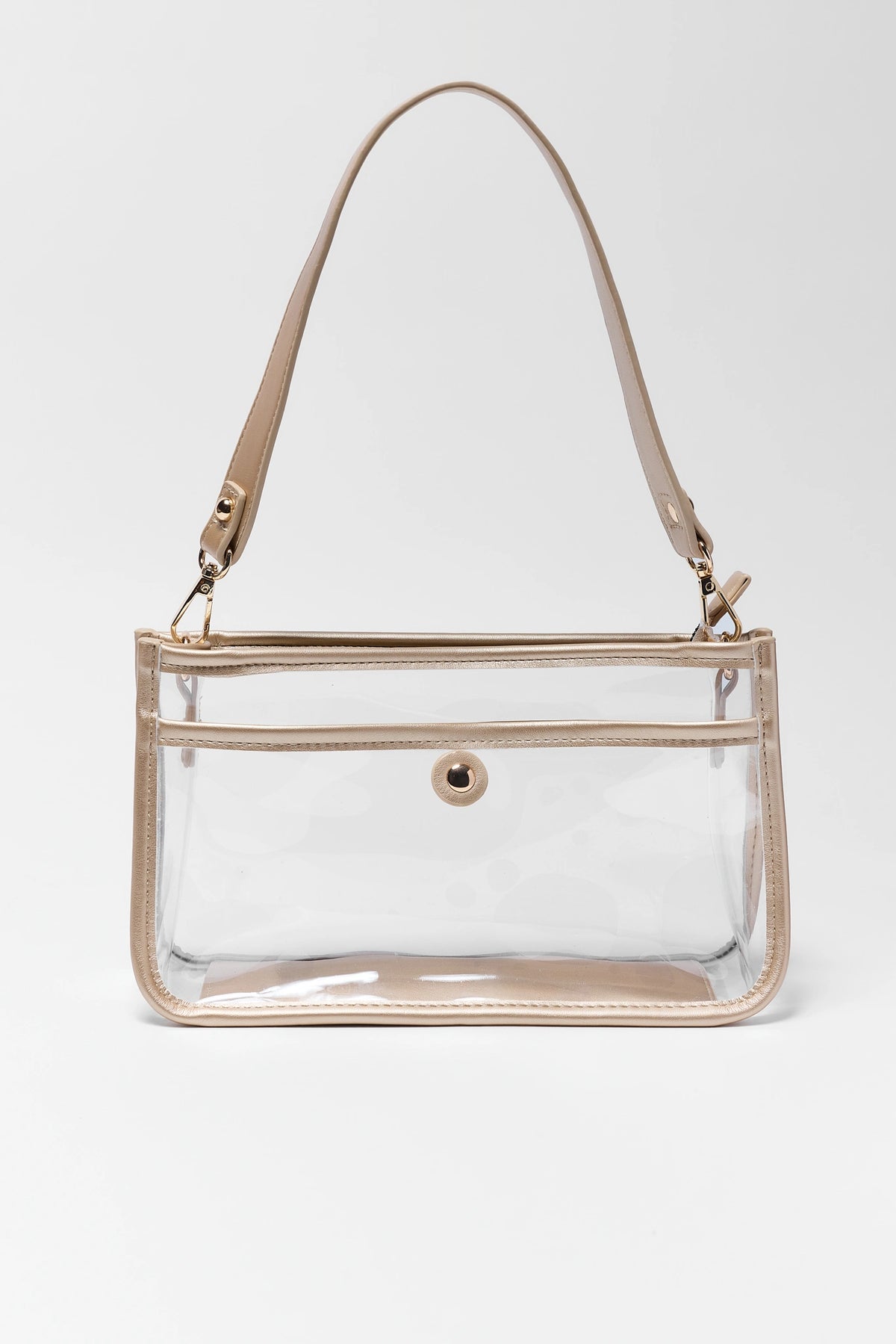A clear plastic handbag with a beige shoulder strap and trim, featuring a front zippered pocket and a gold-tone snap button closure, set against a plain light gray background.