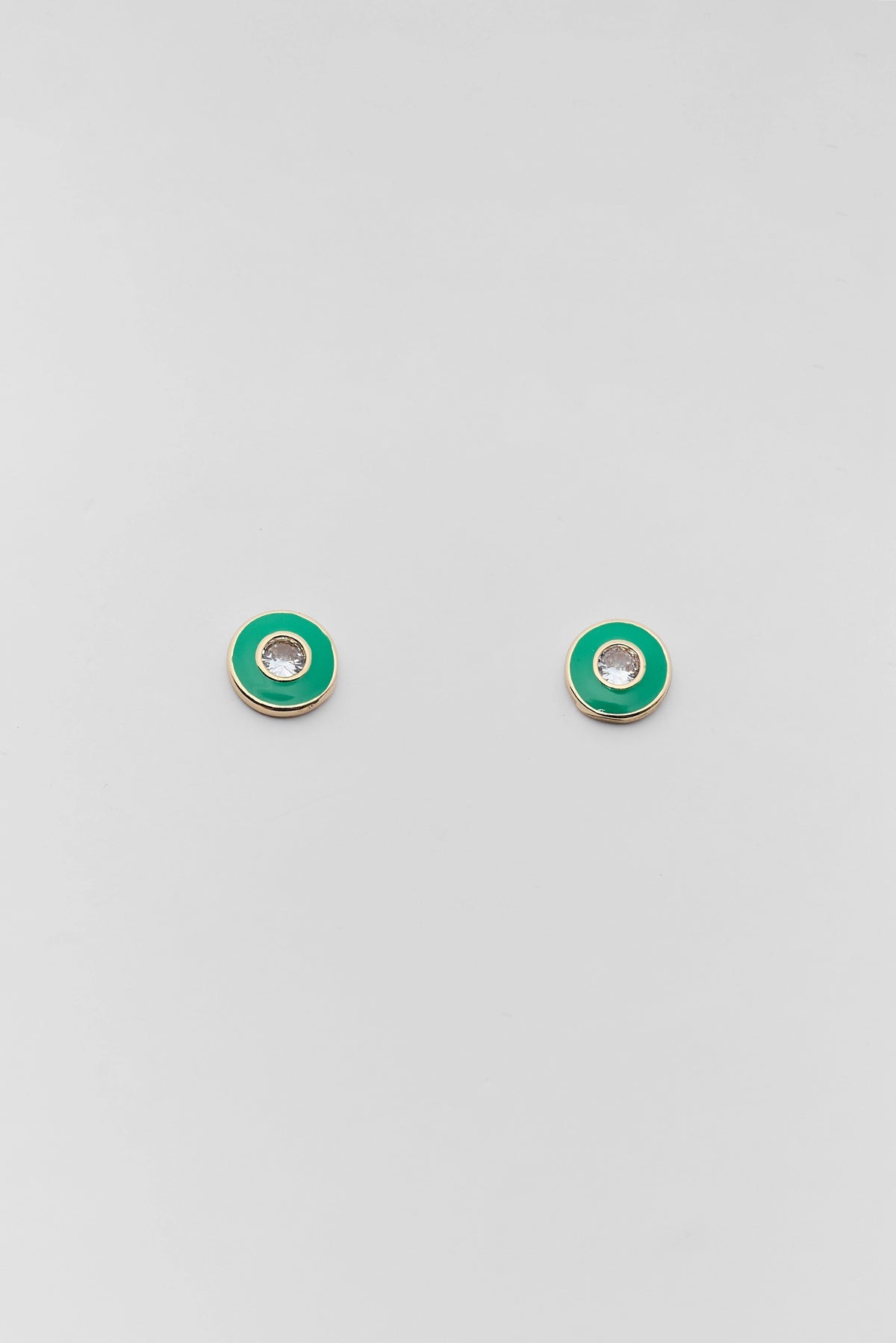 Green Enamel Rhinestone Stud Earrings with gold-tone rim and crystal center - Flat Lay | Avara