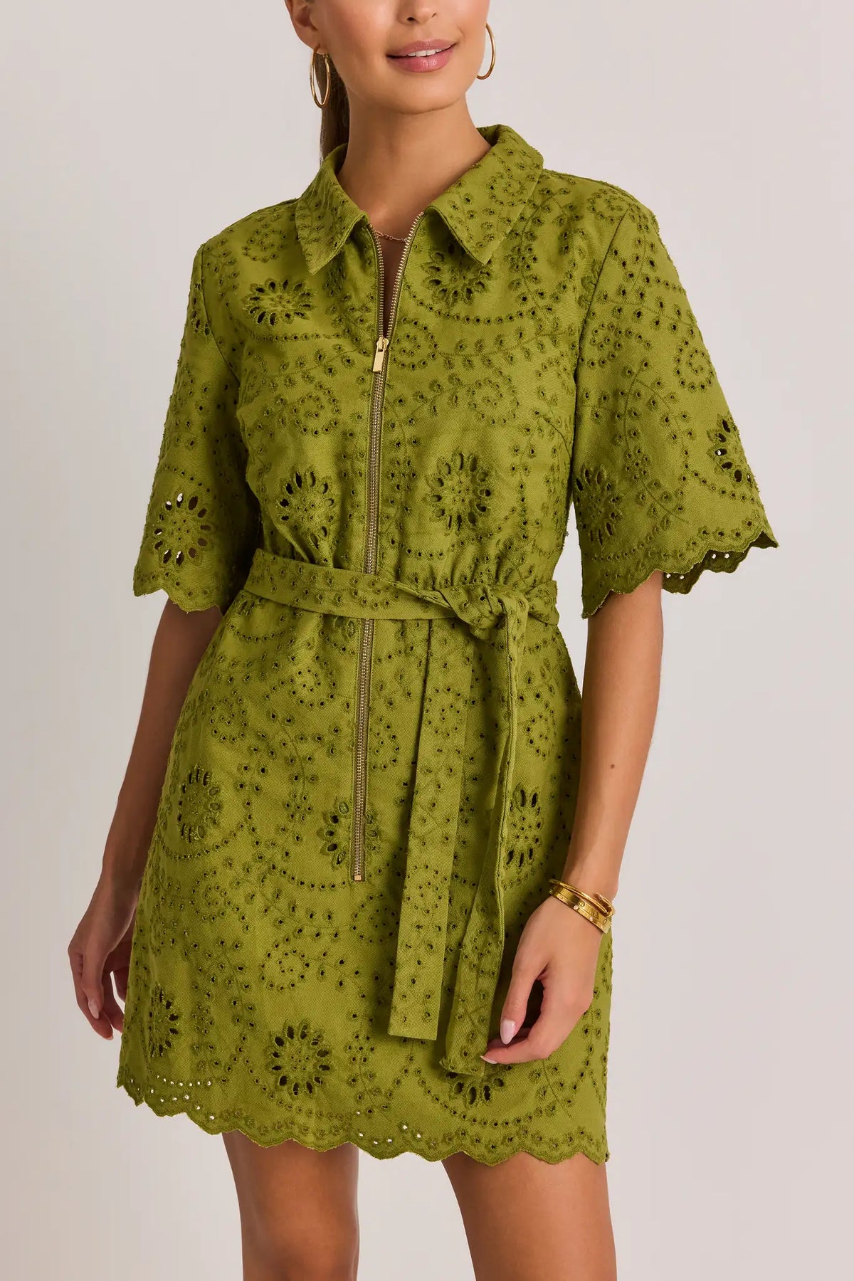 Olive Green Eyelet Zip-Up Short Dress - Front Crop View with Belt Detail | Avara