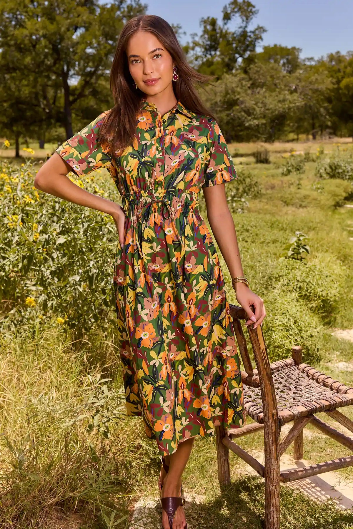 Green Floral Print Collared Midi Dress - Outdoor Lifestyle Front View | Avara