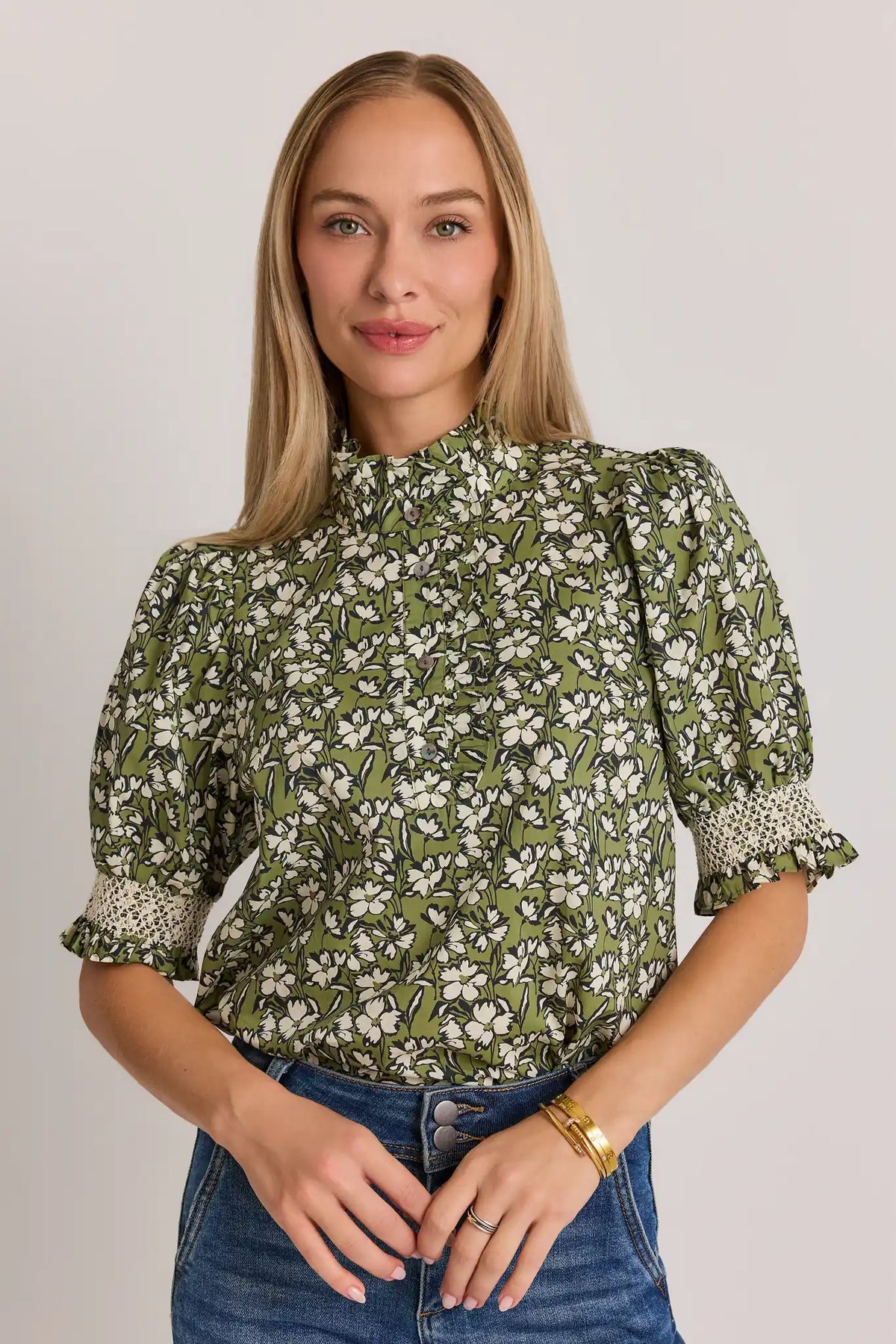 Green Floral Printed Ruffle Collar Top - Front View On Model | Avara