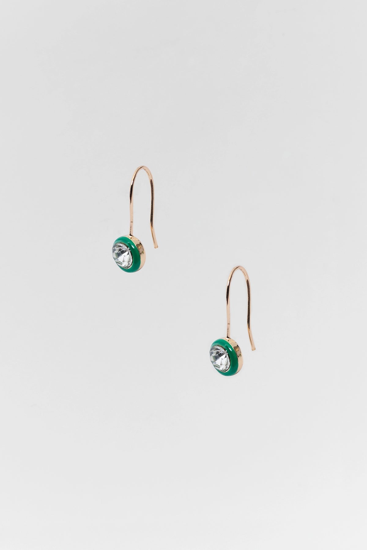 Teal Green Round Rhinestone Drop Earrings with gold-tone hook - Product View | Avara