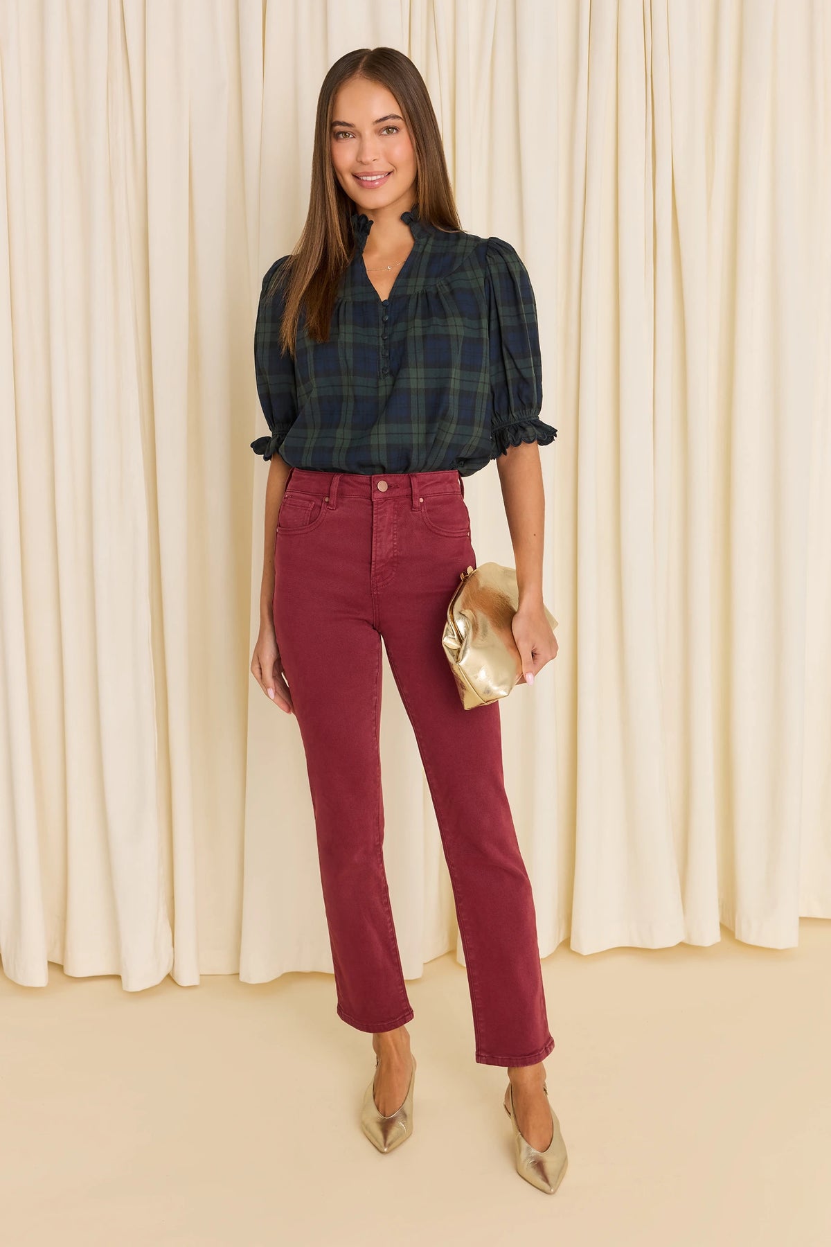 Hailey Navy Plaid Ruffle Trim Top