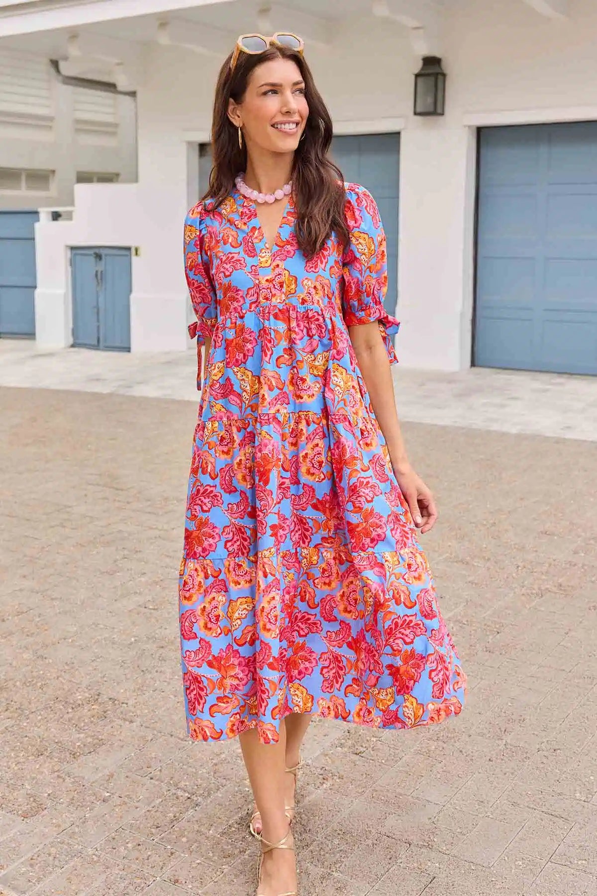 Harriet Blue Floral Printed Midi Dress - Lifestyle Front View, Tiered Modest Dress with Puff Sleeves | Avara