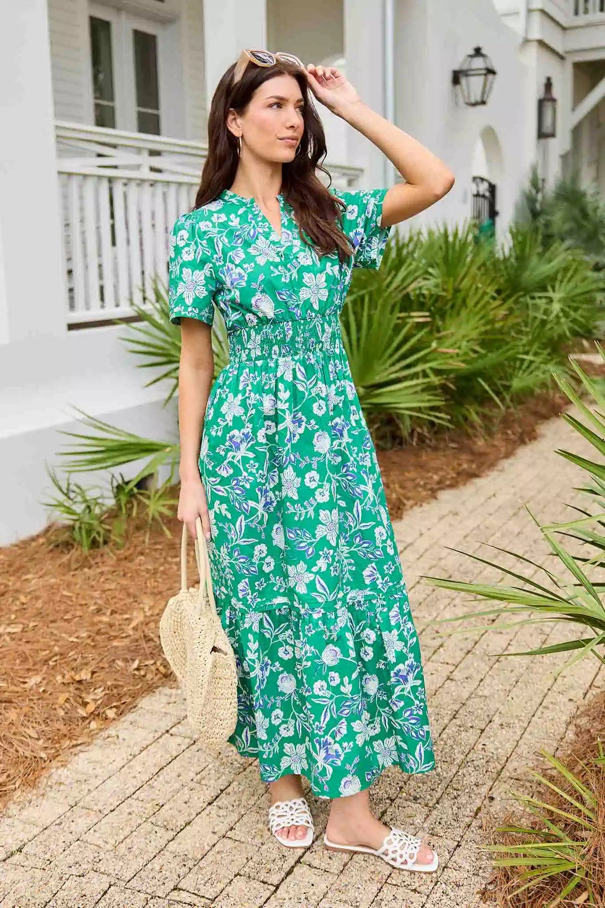 Isabella Green Floral Maxi Dress - Outdoor Lifestyle, Styled with Sandals & Woven Tote | Avara