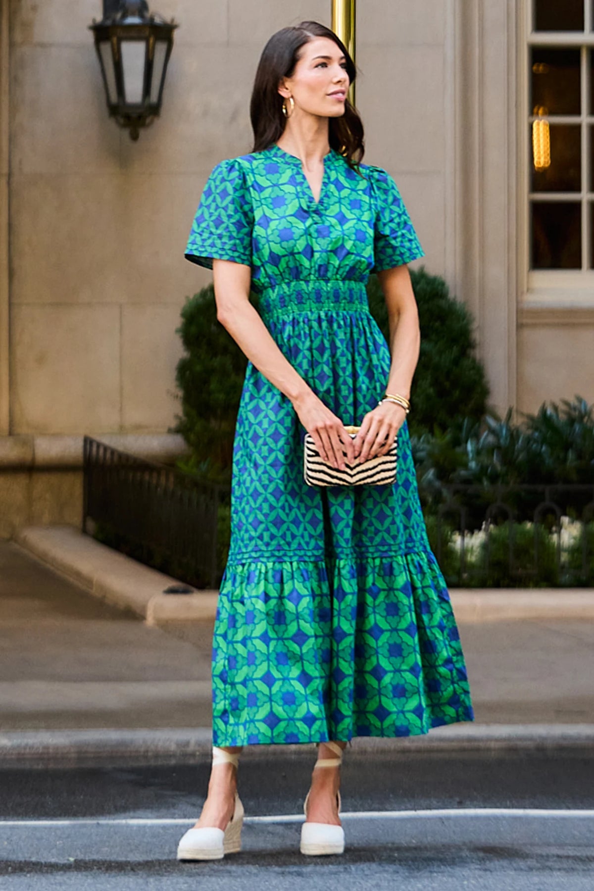 Isabella Green Navy Geometric Print Modest Maxi Dress styled with espadrille wedges and clutch - Lifestyle Street Shot | Avara