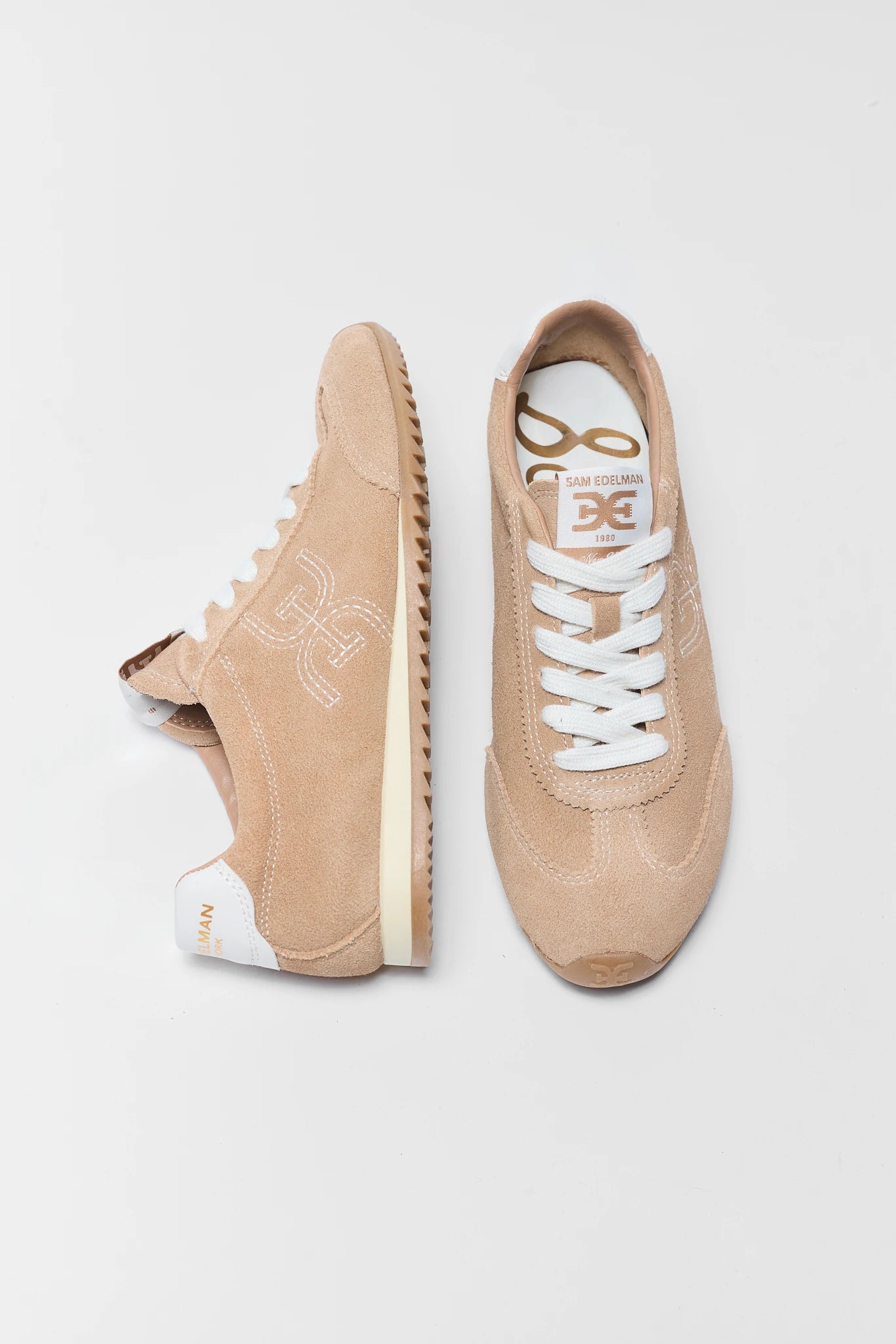 Tan Suede Isella Sneaker by Sam Edelman - Top & Side Flat Lay | Avara