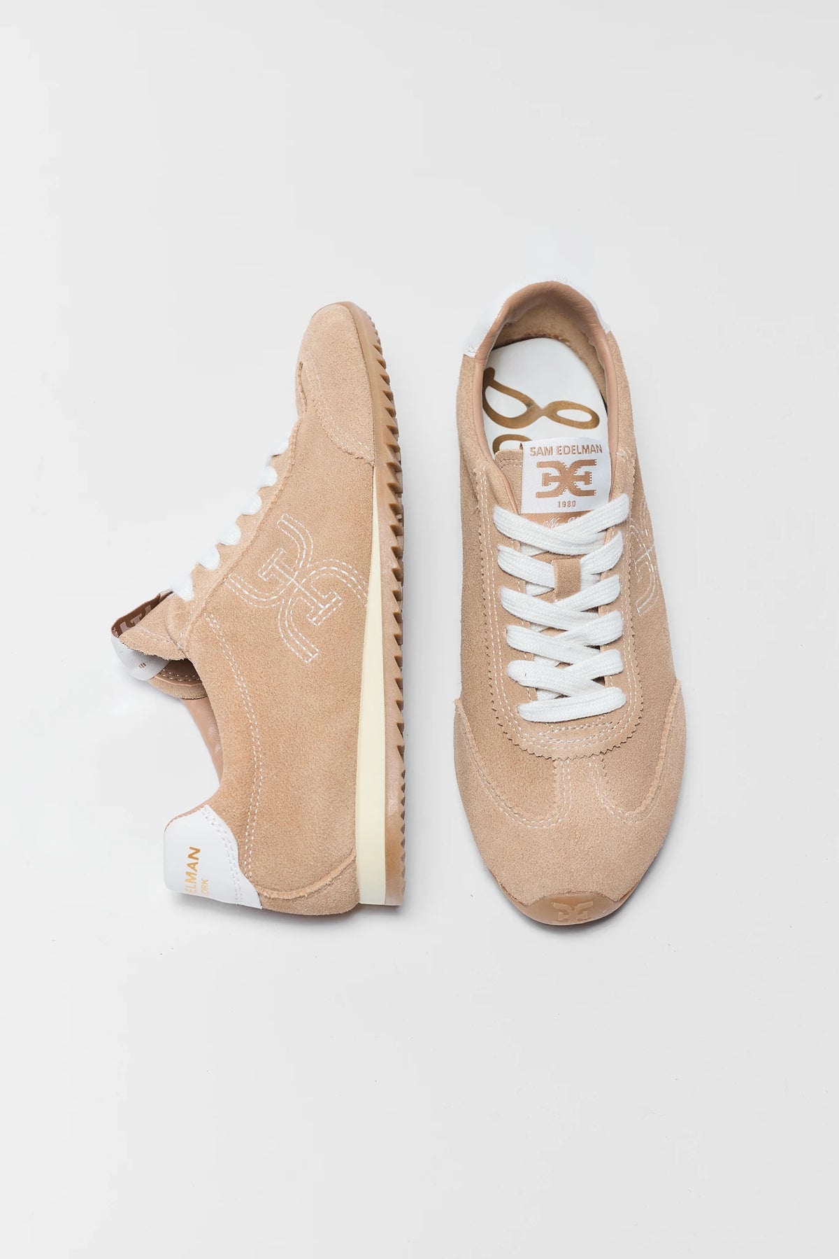 Tan Suede Isella Sneaker by Sam Edelman - Top & Side Flat Lay | Avara