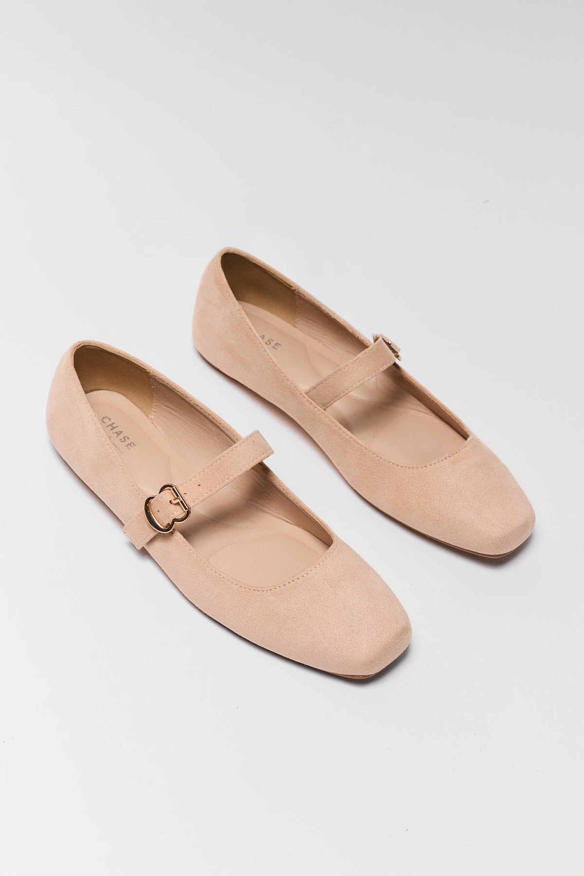 Ivory Faux Suede Ballet Flats - Angled Pair Flat Lay, Square Toe | Avara