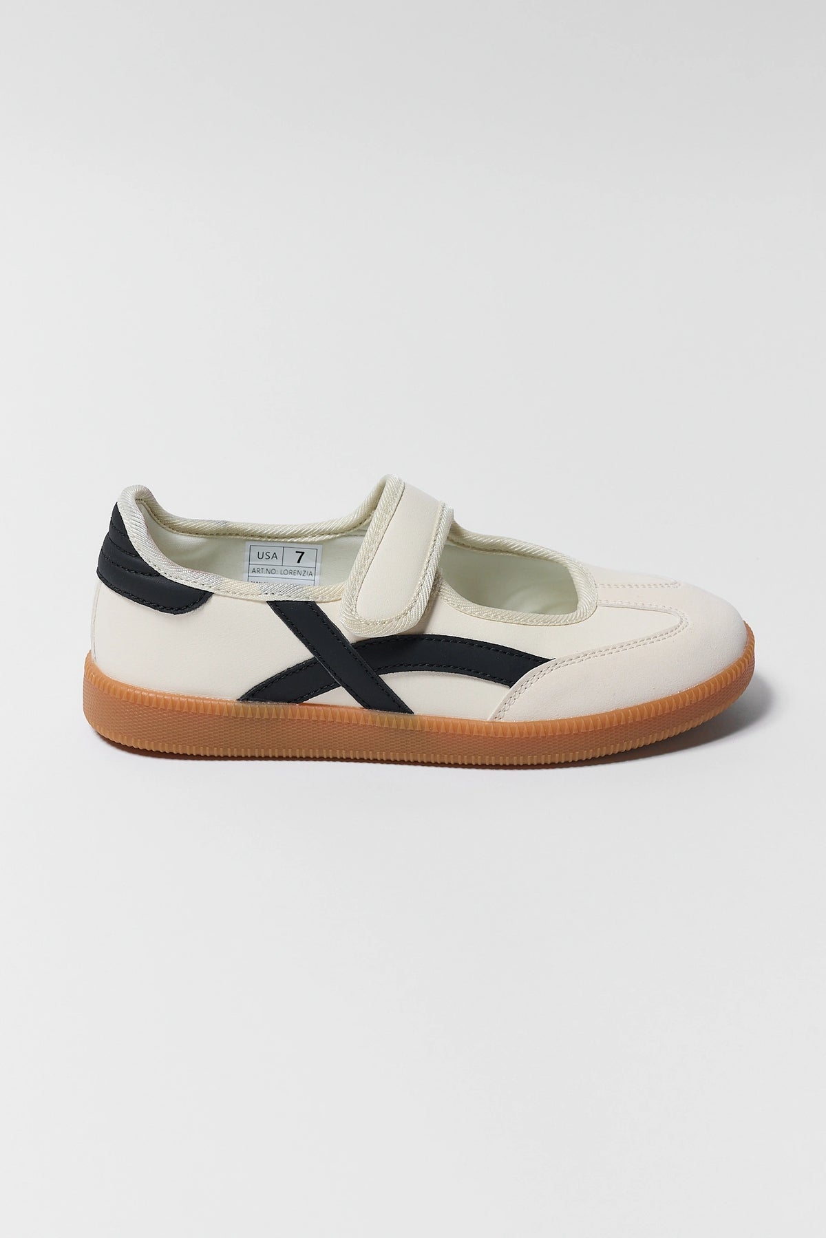 Ivory Mary Jane Sneakers with Velcro Strap and Gum Sole - Side Profile | Avara
