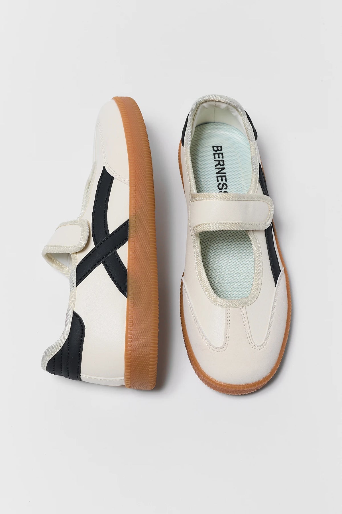Ivory Mary Jane Sneakers with Black Stripe Detail and Gum Sole - Flat Lay Overhead | Avara