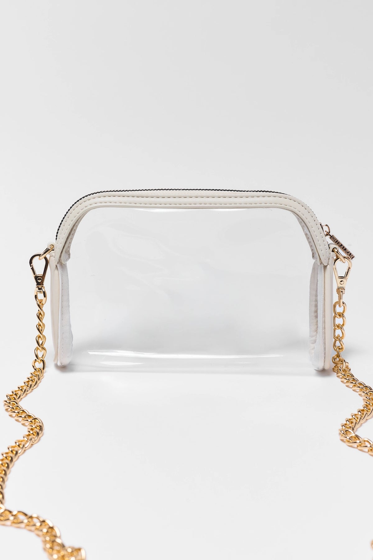 Ivory Trim Clear Crossbody Bag with gold chain strap - Front View | Avara