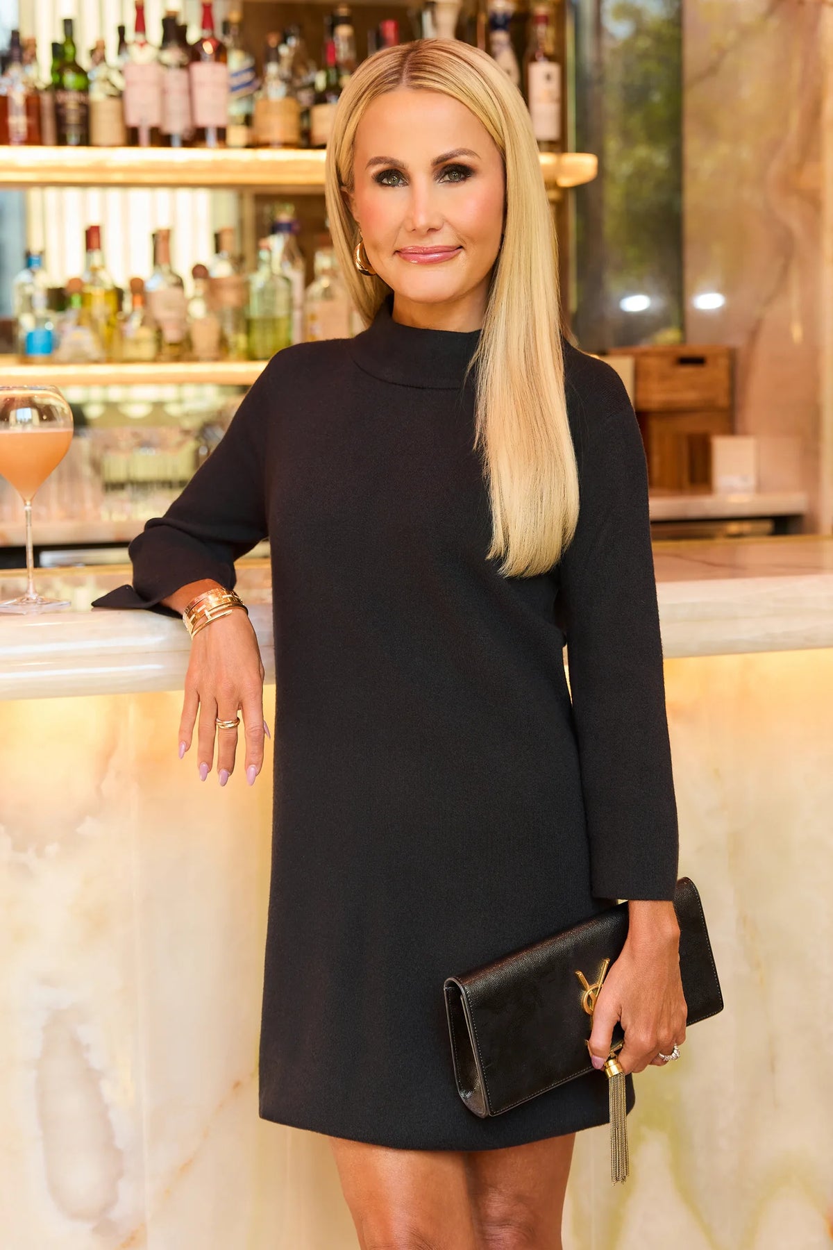 Black Knit Short Dress - Lifestyle Bar Scene On Model | Avara
