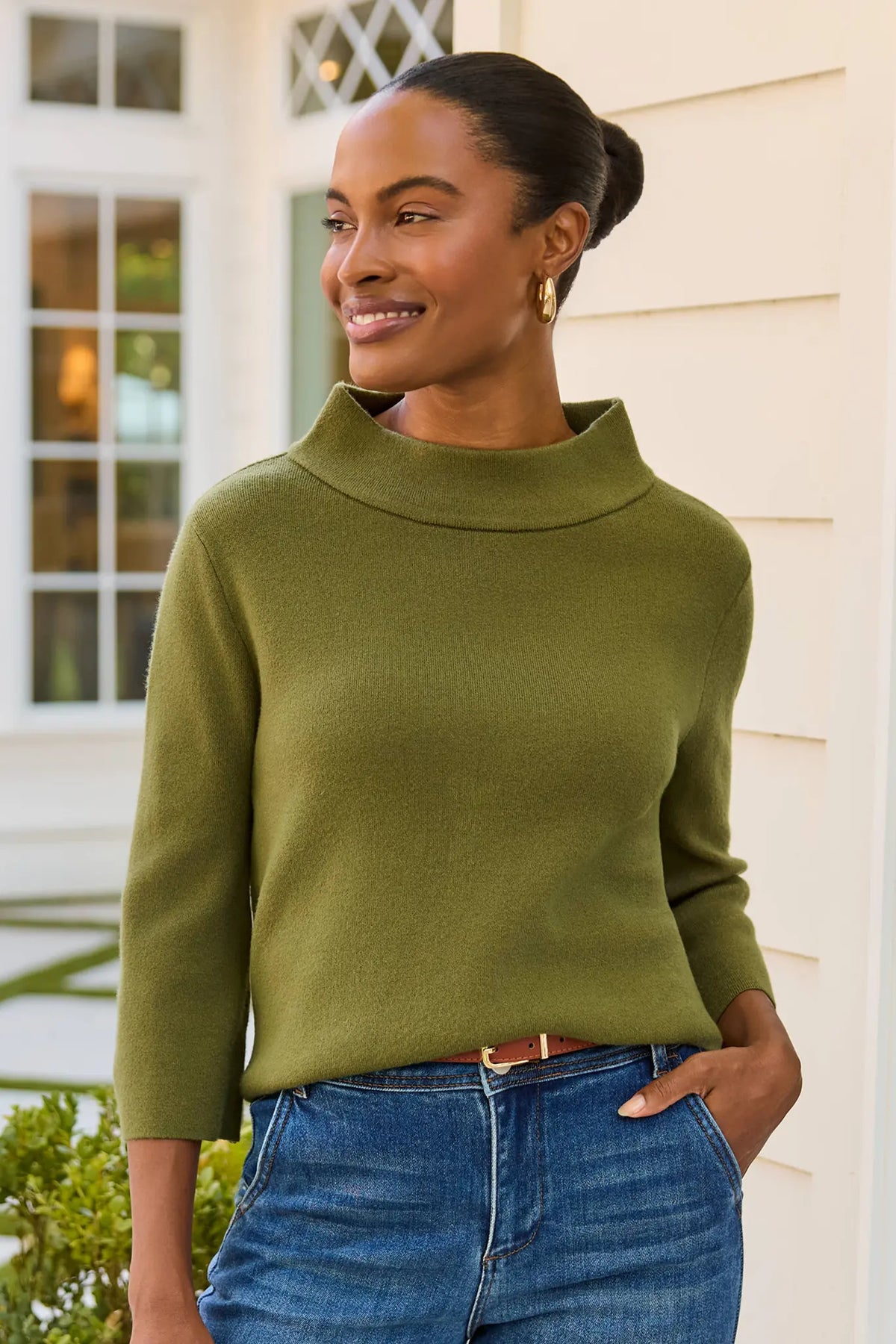 Olive Knit Mock Neck Sweater - On Model Front View, Styled with Jeans | Avara