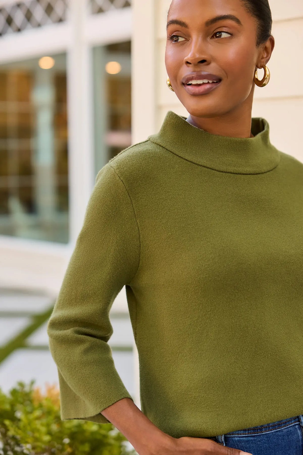 Olive Knit Sweater - Mock Neck & Fabric Texture Close-Up Detail | Avara